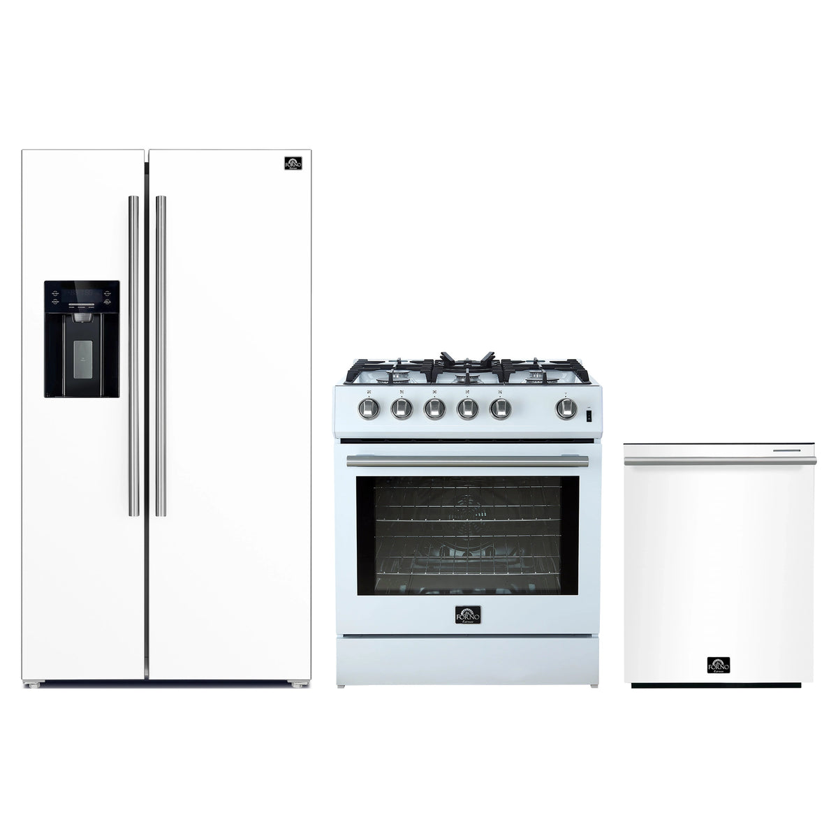 Forno 3-Piece Appliance Package - 30-Inch Gas Range, Refrigerator with Water Dispenser, and Dishwasher in White with Stainless Steel Trim
