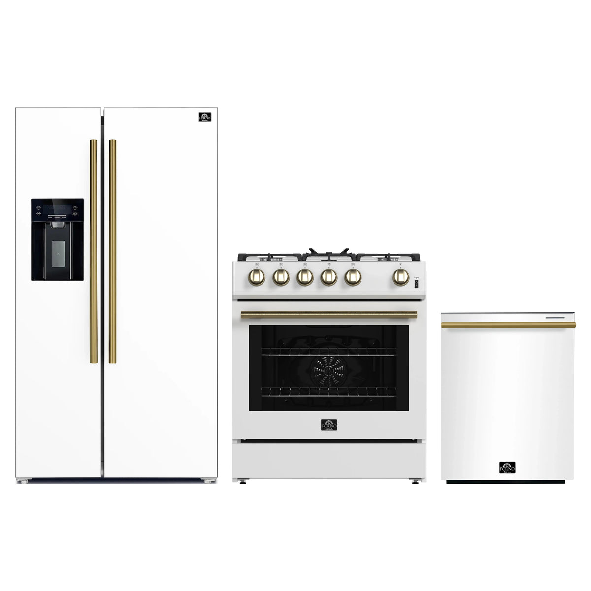 Forno 3-Piece Appliance Package - 30-Inch Gas Range, Refrigerator with Water Dispenser, and Dishwasher in White with Antique Brass Trim