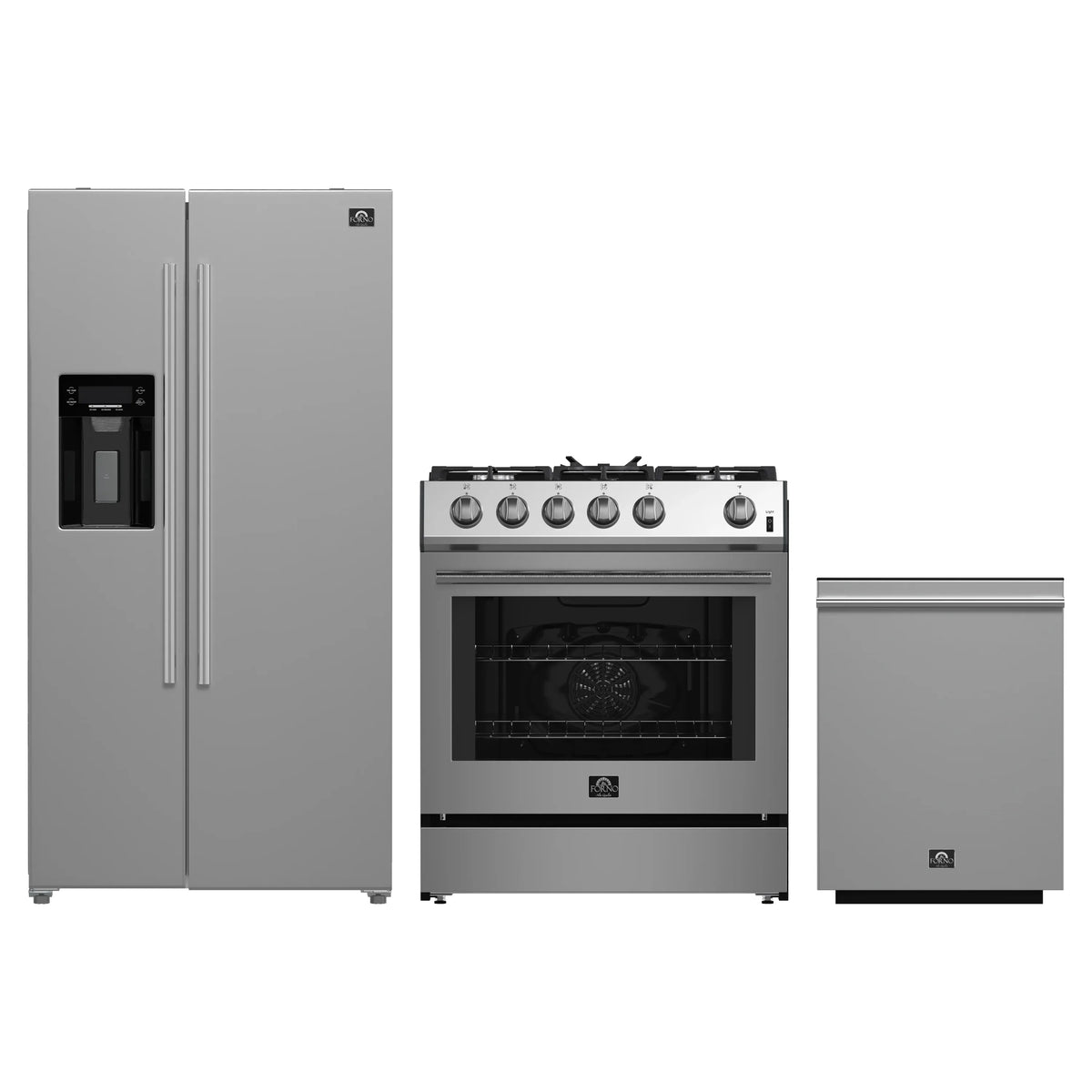 Forno 3-Piece Appliance Package - 30-Inch Gas Range, Refrigerator with Water Dispenser, and Dishwasher in Stainless Steel