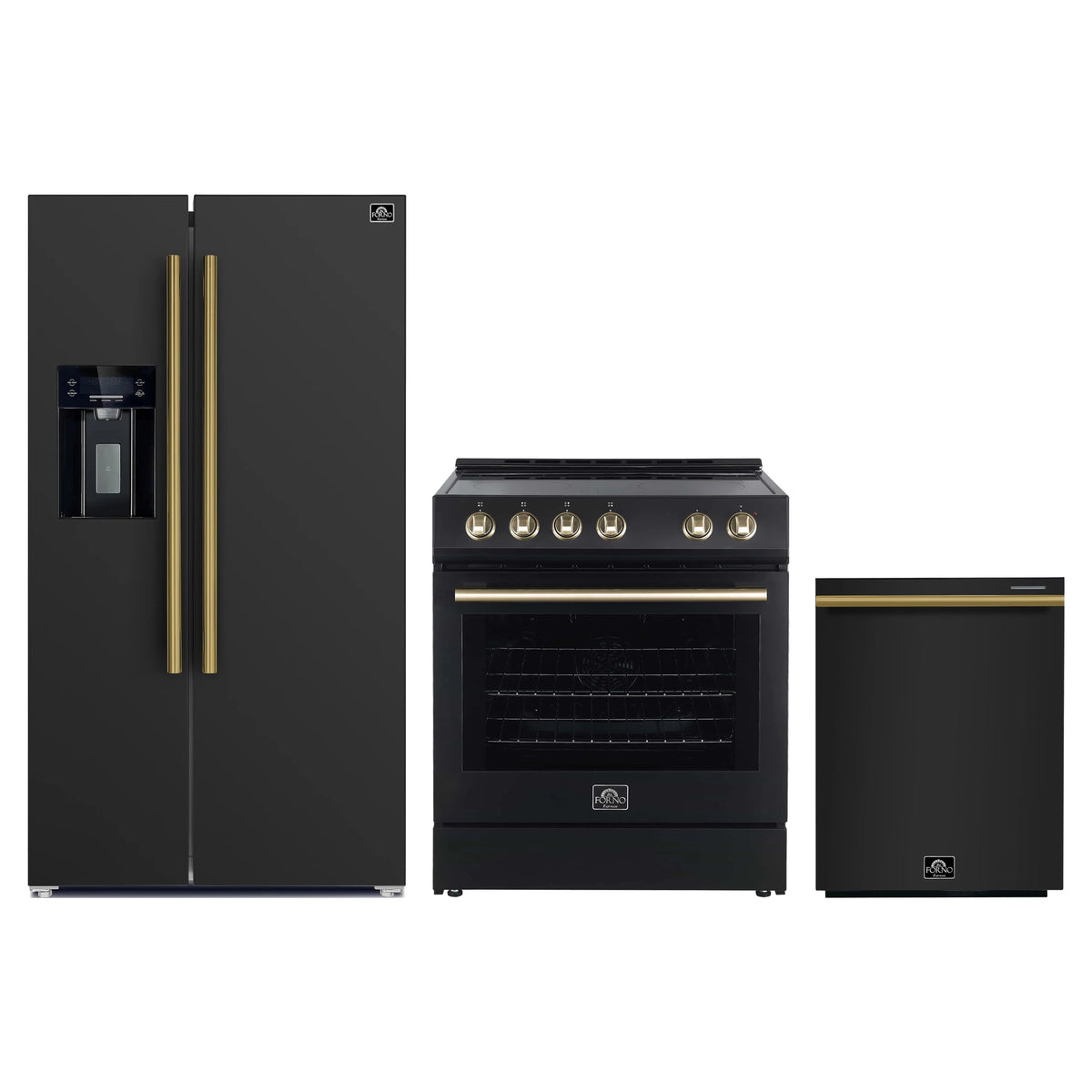 Forno Espresso 3-Piece Appliance Package - 30-Inch Electric Range, Refrigerator with Water Dispenser and Dishwasher in Black with Antique Brass Trim