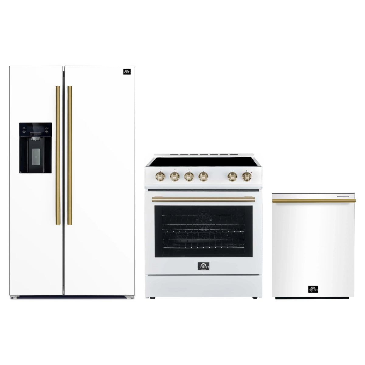 Forno Espresso 3-Piece Appliance Package - 30-Inch Electric Range, Refrigerator with Water Dispenser and Dishwasher in White with Antique Brass Trim