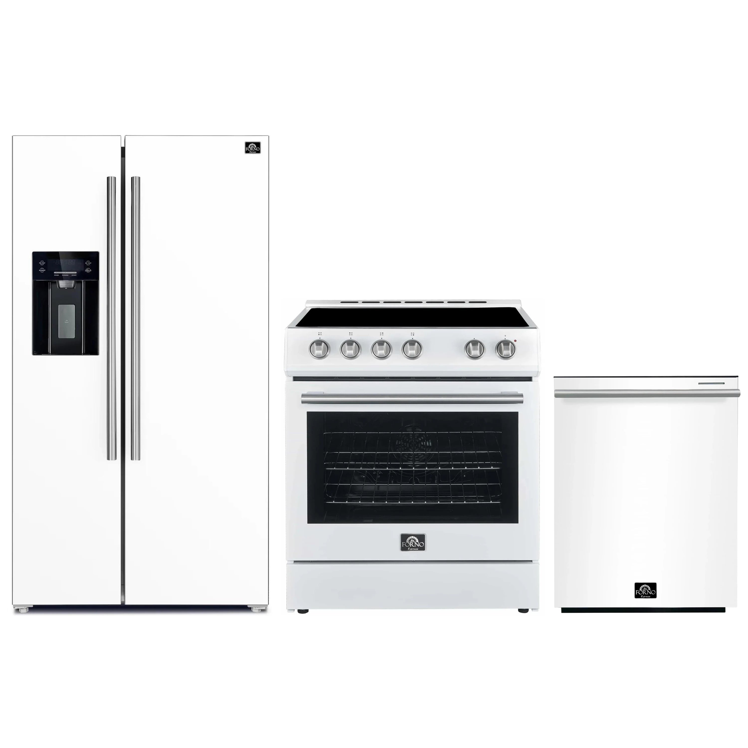 White electric range with stainless steel trim, oven door and control knobs