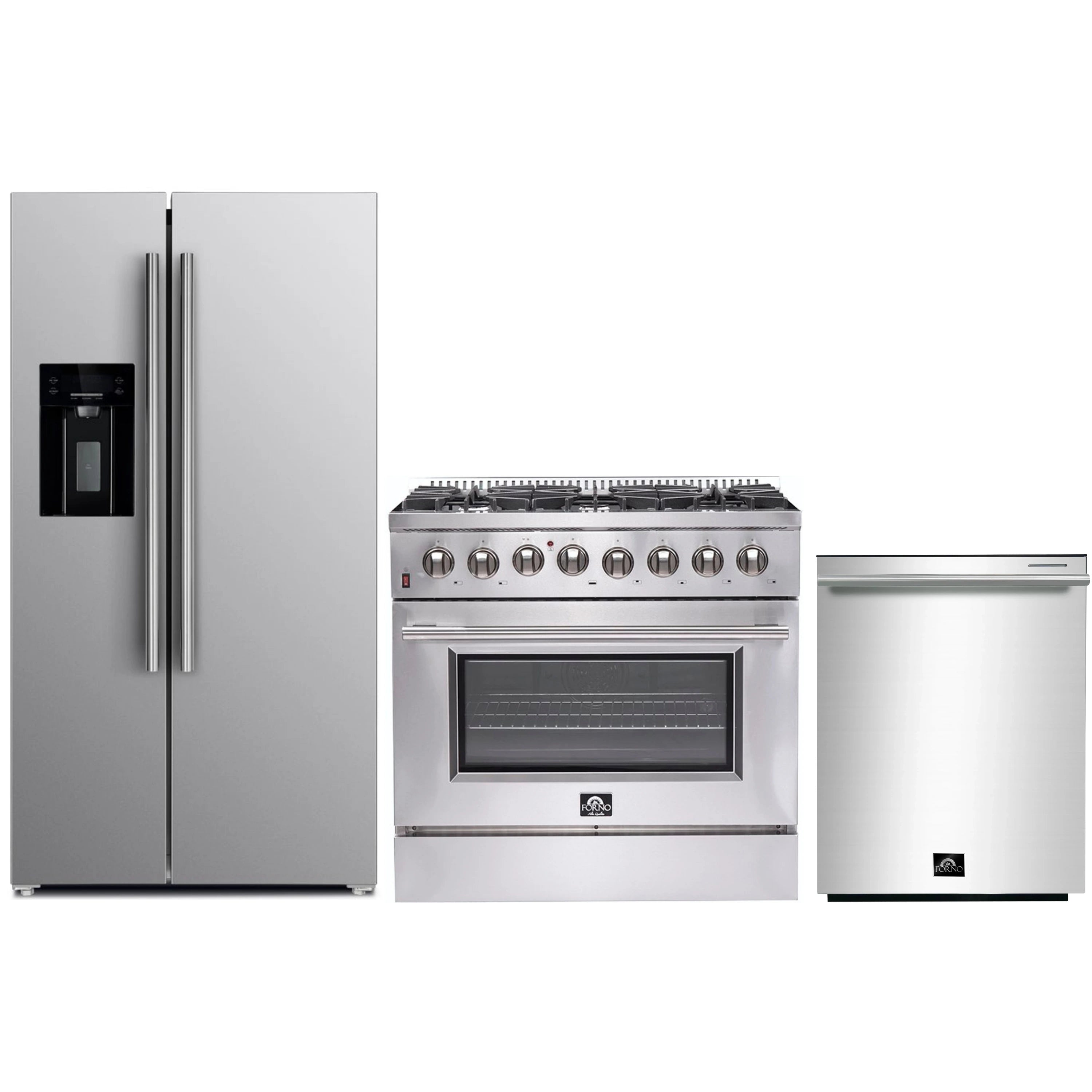 Stainless steel appliance set: refrigerator, dual fuel range, and dishwasher