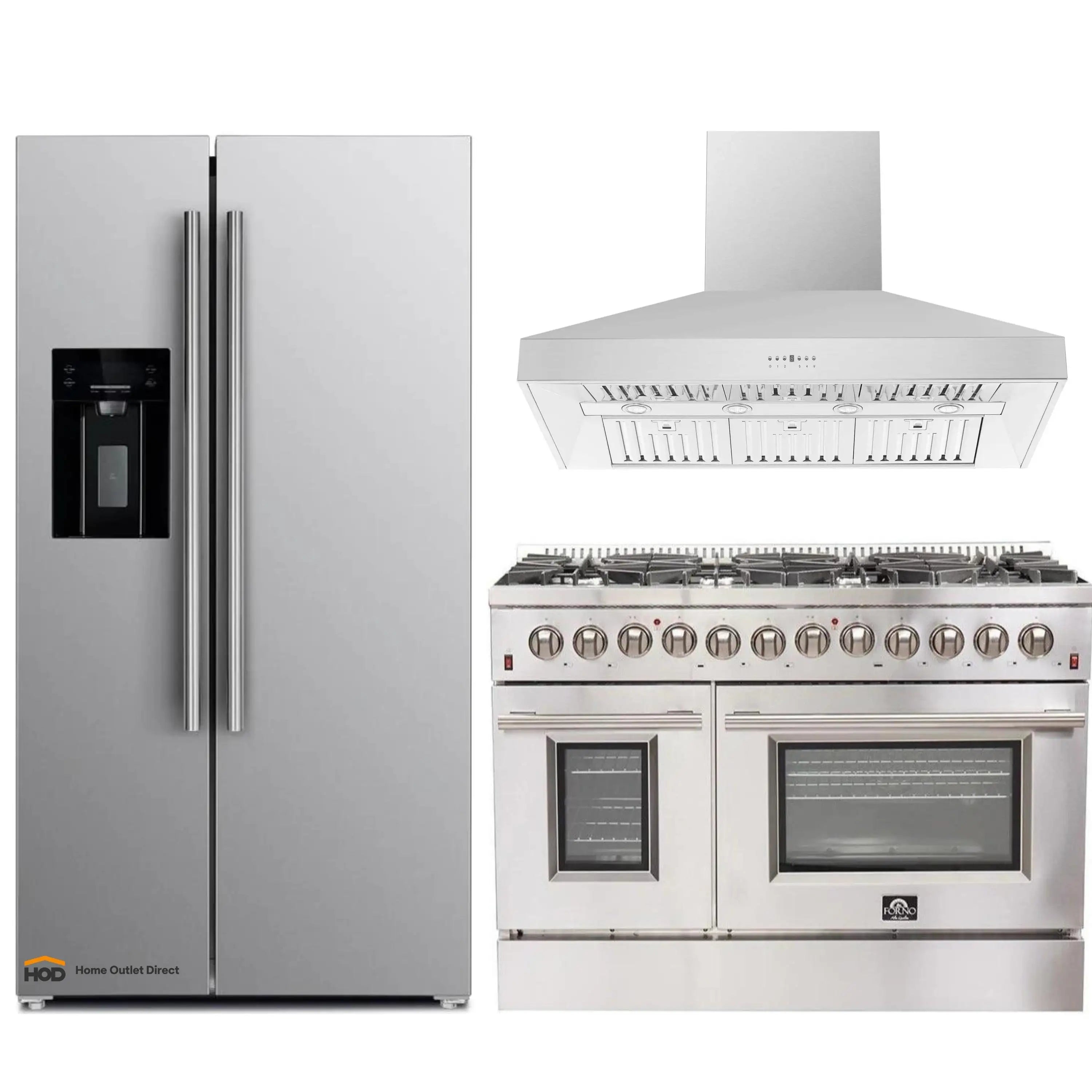 Stainless steel refrigerator, dual fuel range, and wall mount hood in one view