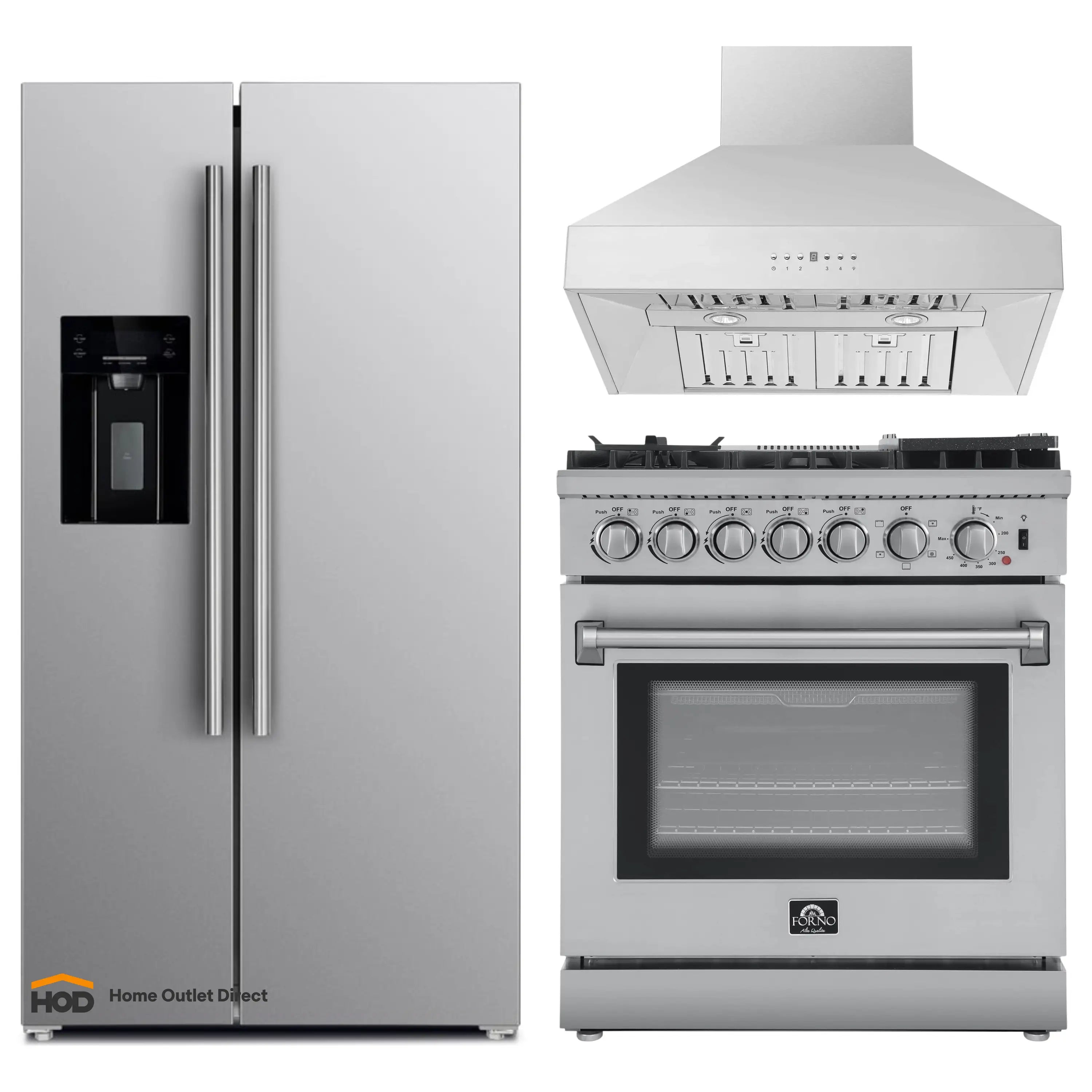 Kitchen appliance set showing refrigerator, range oven, and wall hood in stainless steel