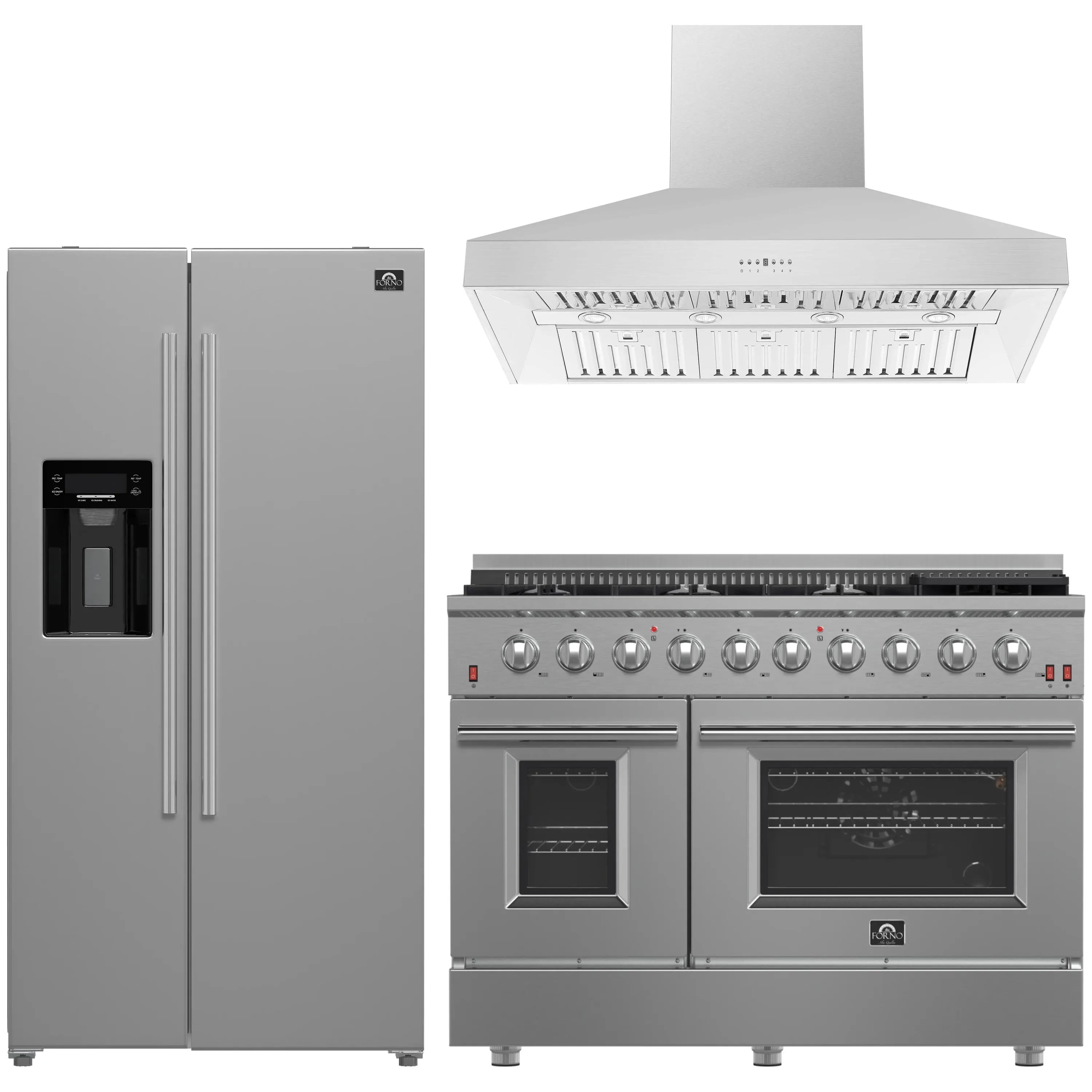 Stainless steel refrigerator, wall hood, and gas range bundle, three-piece set