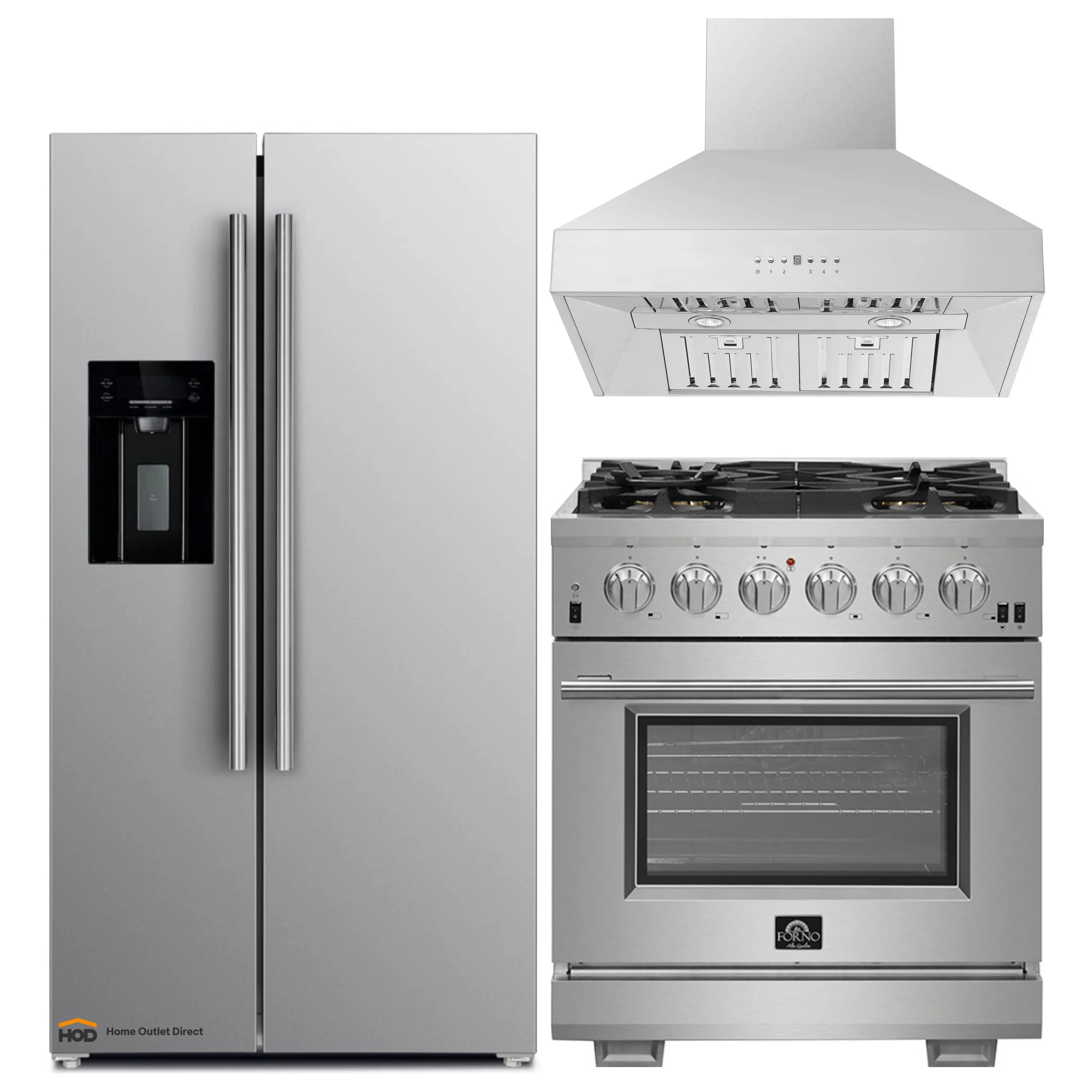 Stainless steel appliance set: refrigerator, gas range, and wall hood