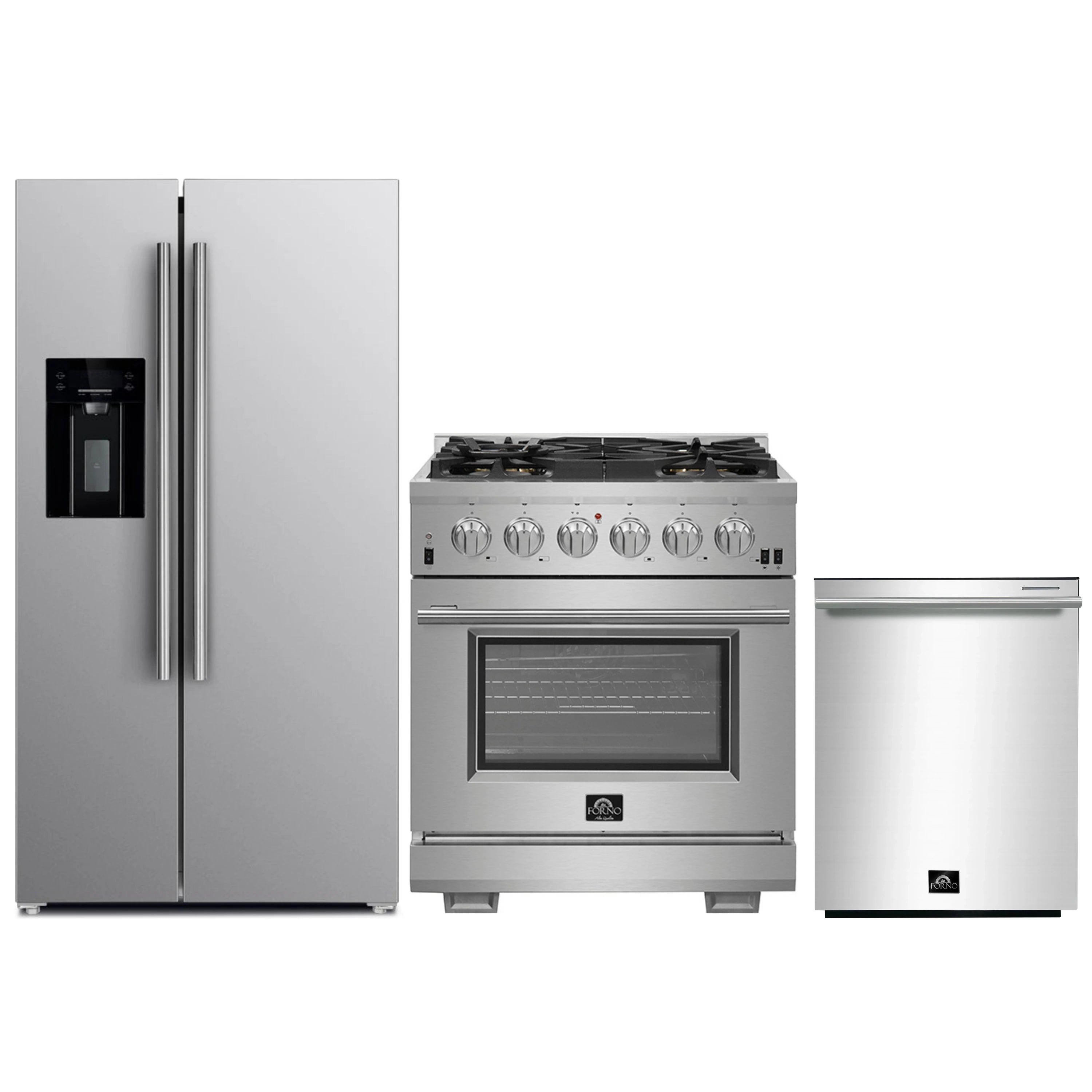 Stainless steel appliance set featuring refrigerator, gas range, and dishwasher