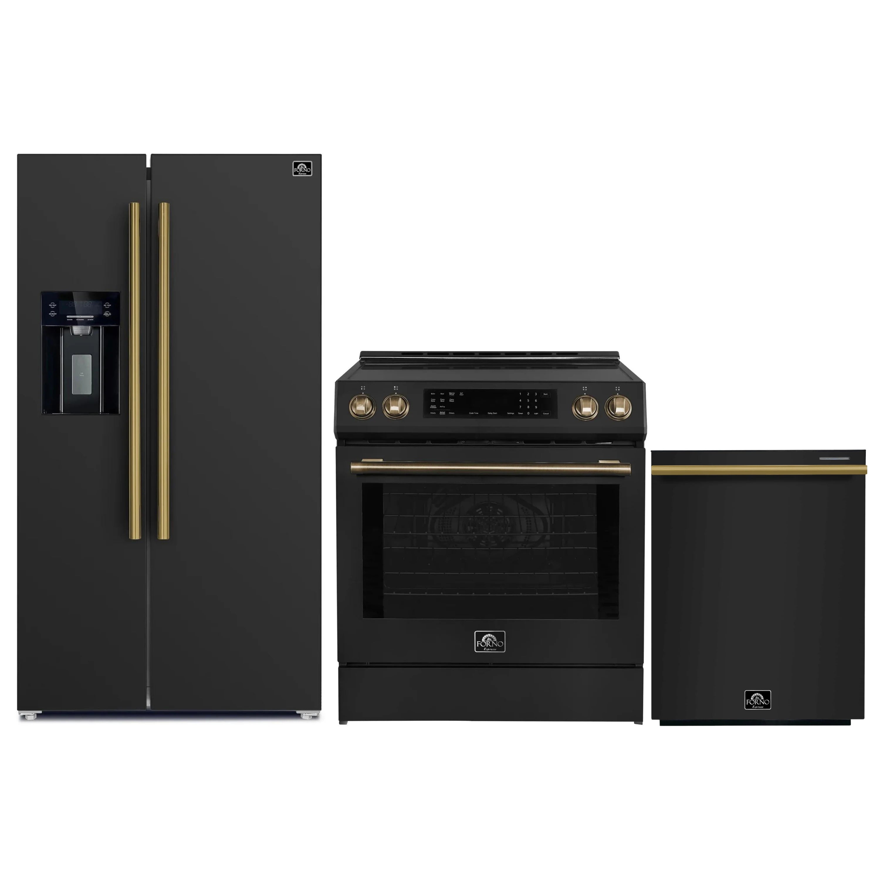 Forno black appliance set: induction range, refrigerator, dishwasher, brass trim
