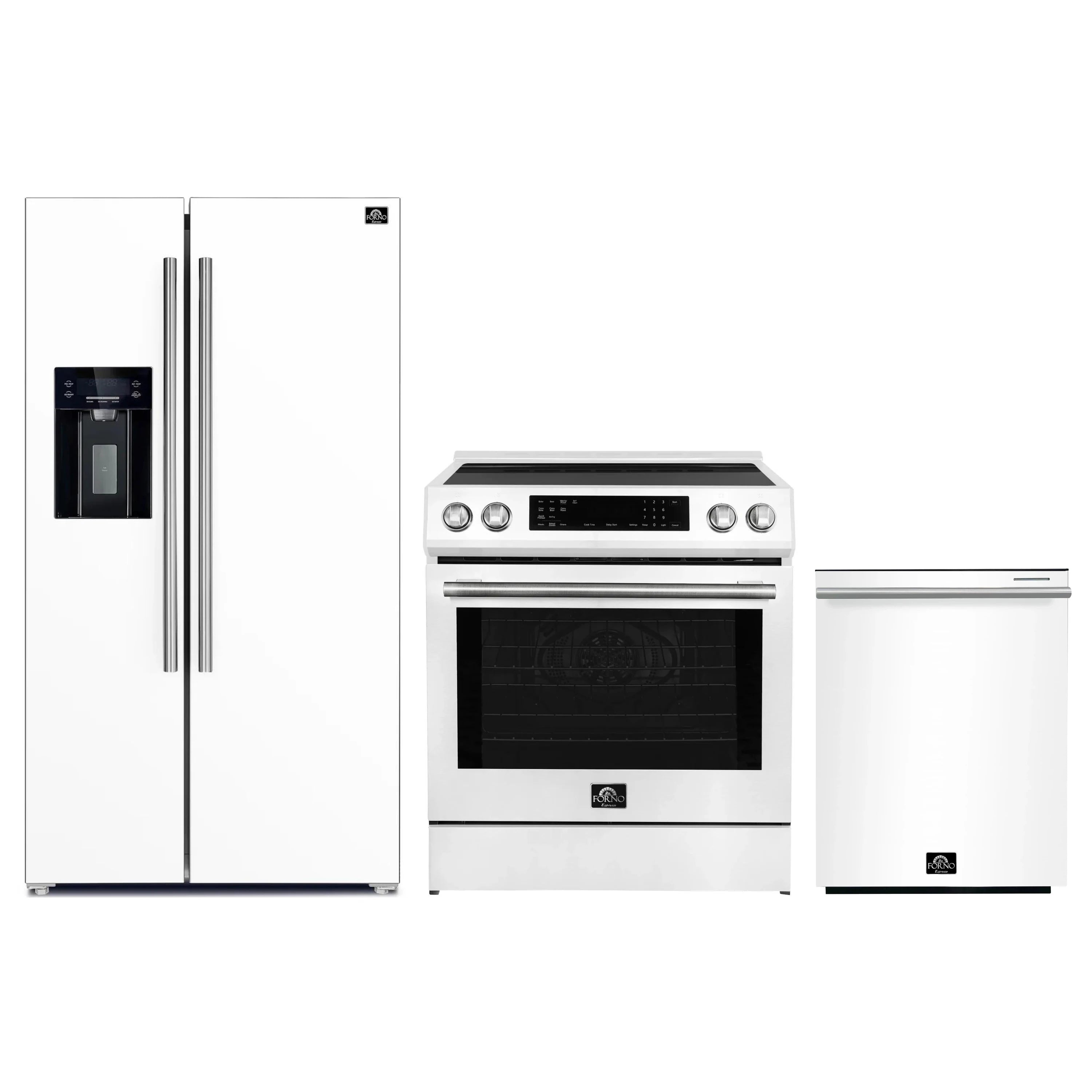 Appliance package with white refrigerator, stainless-trim induction range, and dishwasher