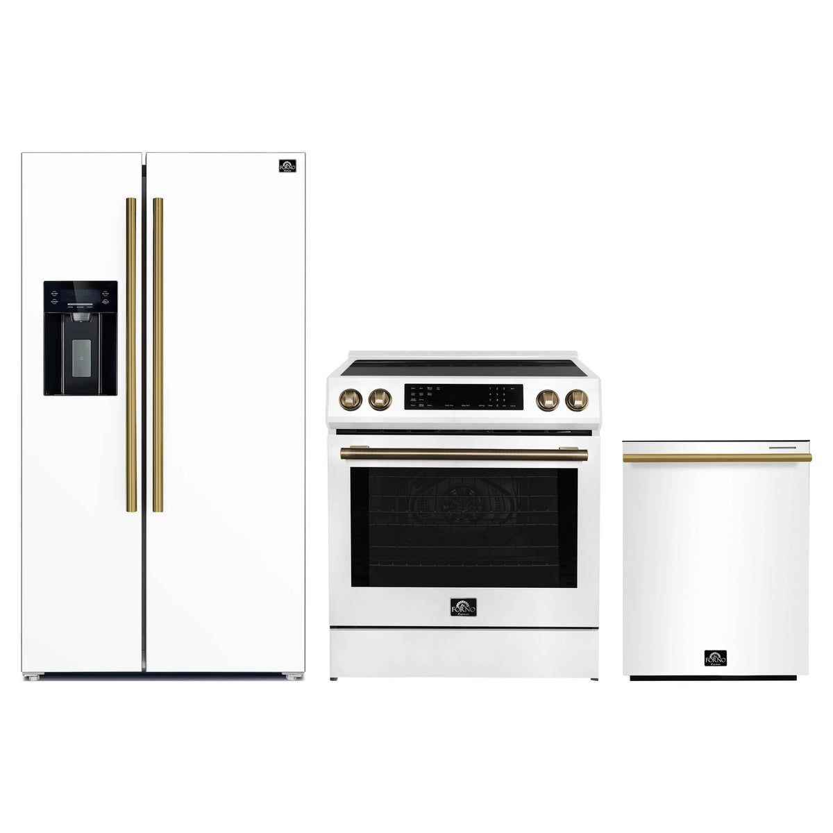 Forno Espresso 3-Piece Appliance Package - 30-Inch Induction Range, Refrigerator with Water Dispenser and Dishwasher in White with Antique Brass Trim