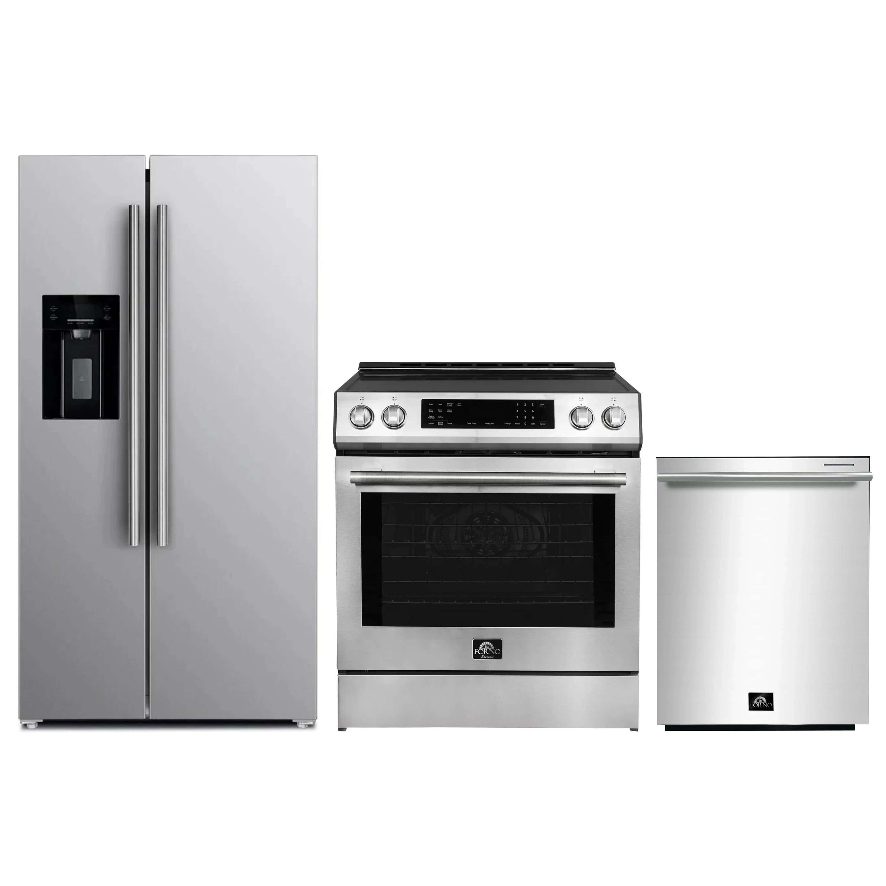 Stainless steel appliance set: refrigerator, range, and dishwasher