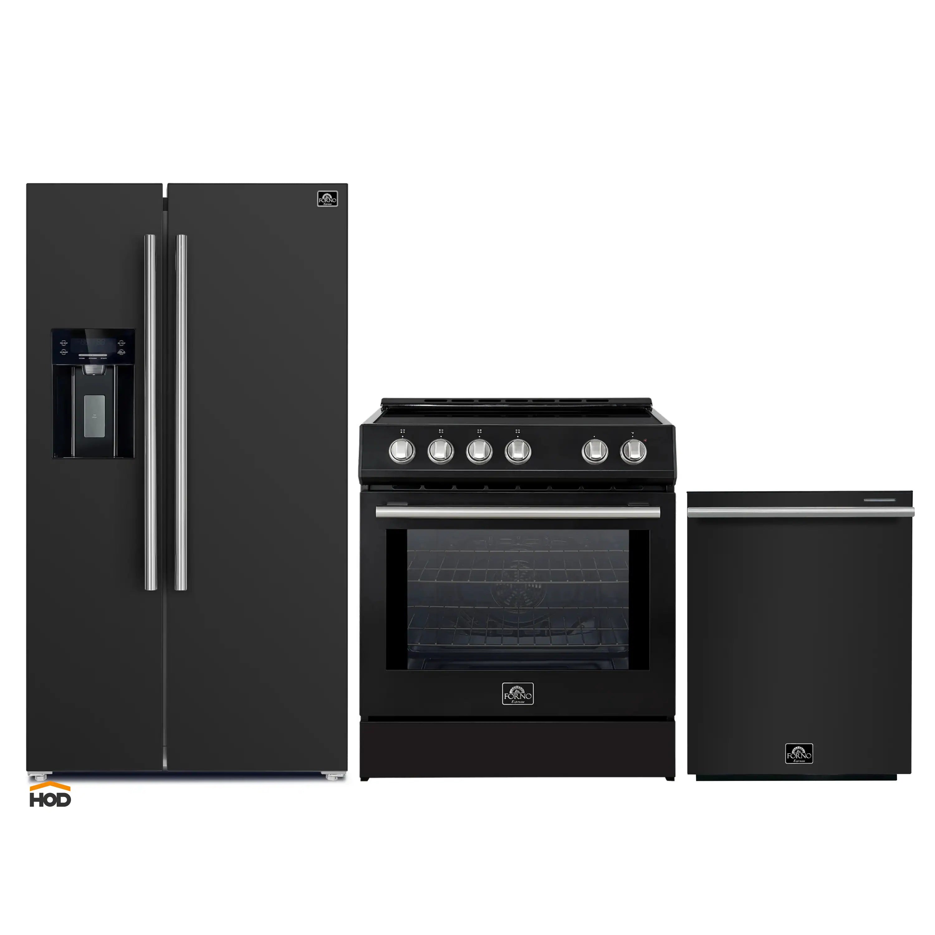 Black refrigerator, electric range, and dishwasher set with stainless handles