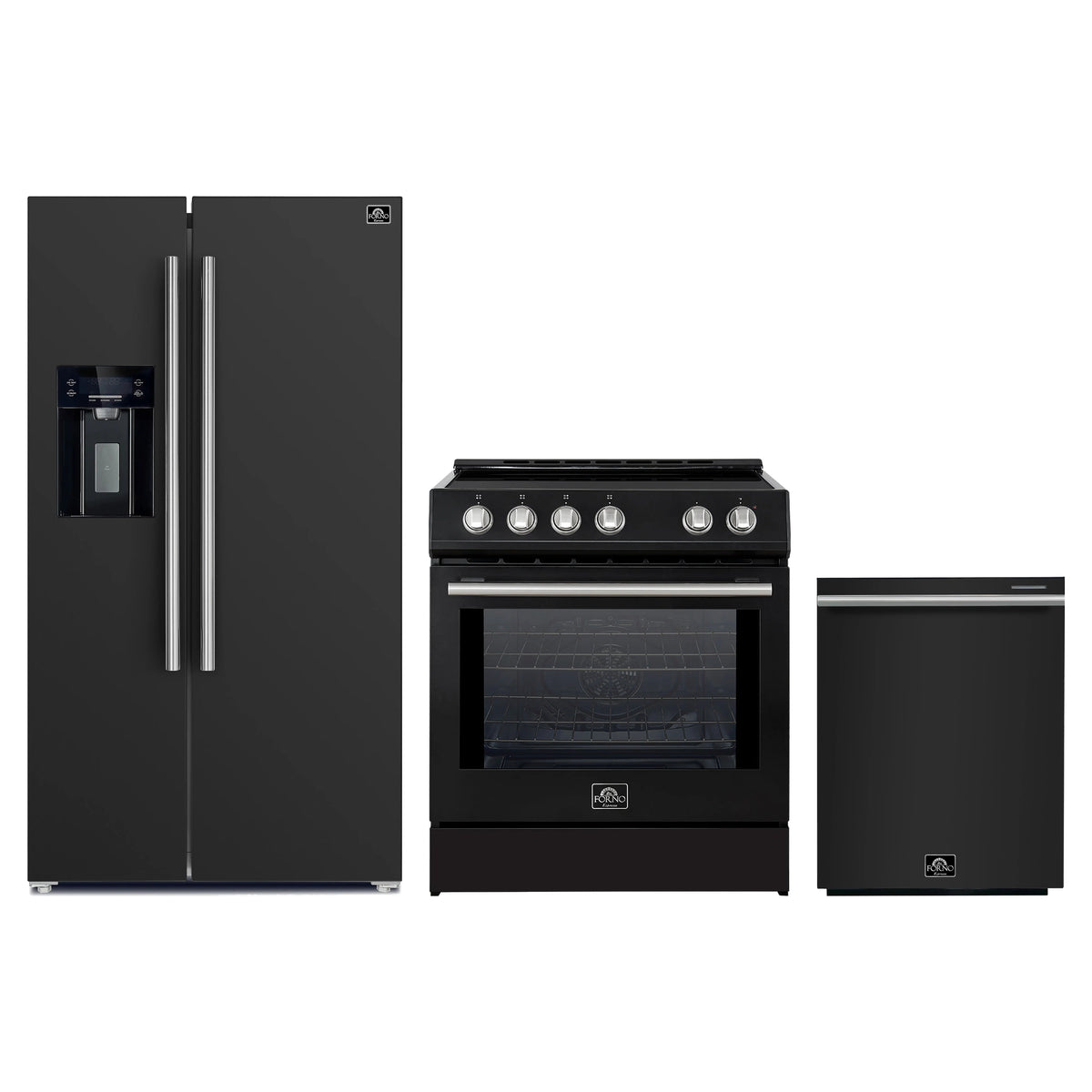 Forno 3-Piece Appliance Package - 30-Inch Induction Range, Refrigerator with Water Dispenser, and Dishwasher in Black with Stainless Steel Trim