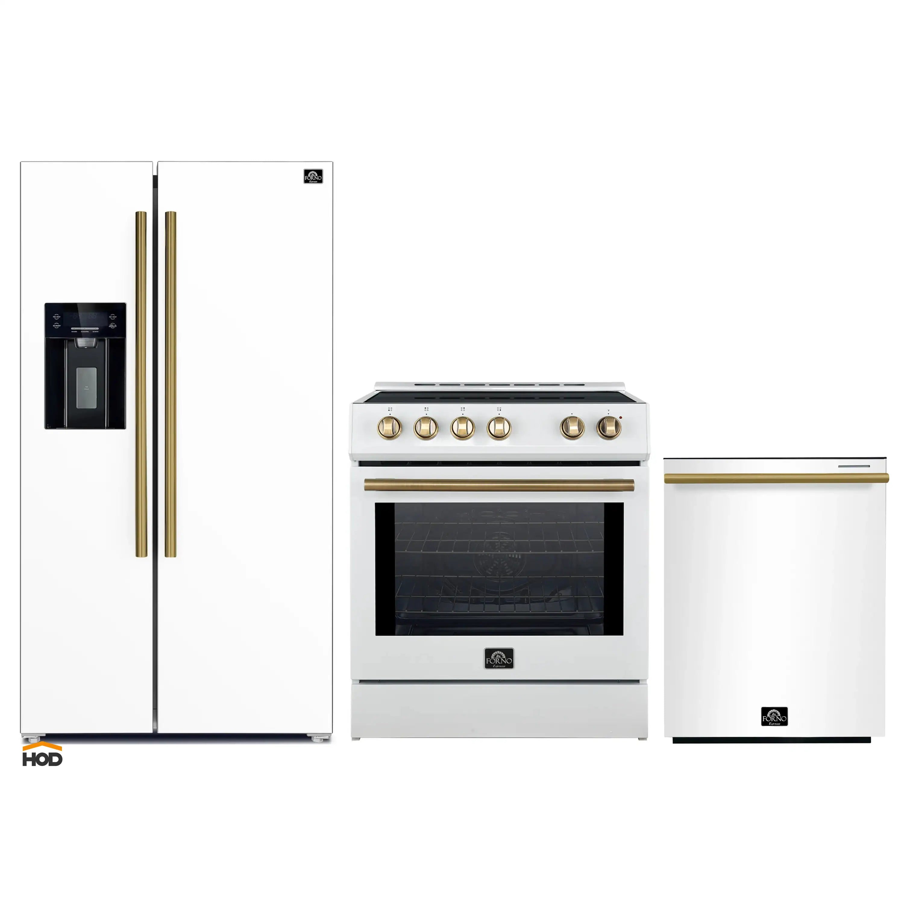 White 3-piece appliance set with brass accents: refrigerator, range, and dishwasher