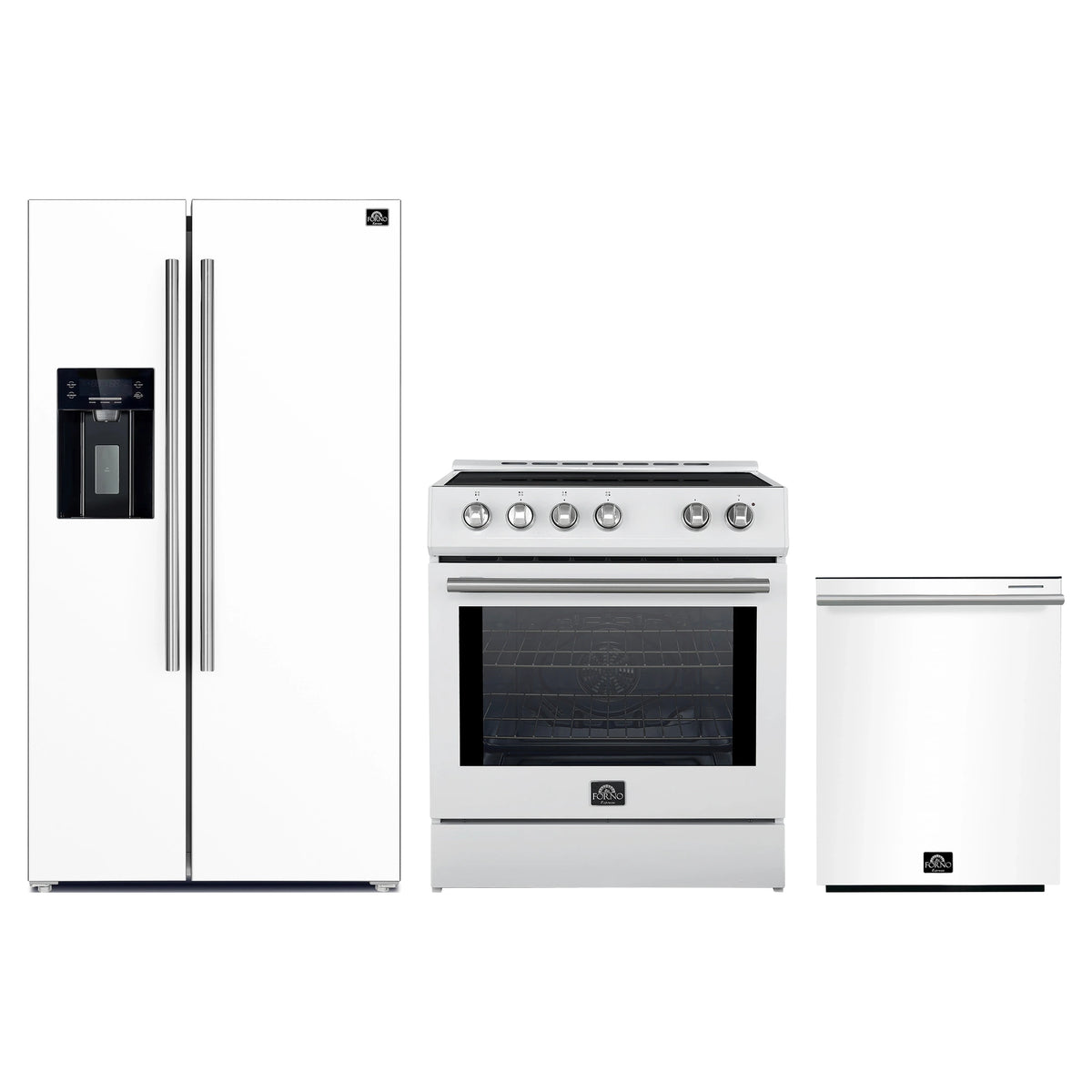 Forno 3-Piece Appliance Package - 30-Inch Induction Range, Refrigerator with Water Dispenser, and Dishwasher in White with Stainless Steel Trim