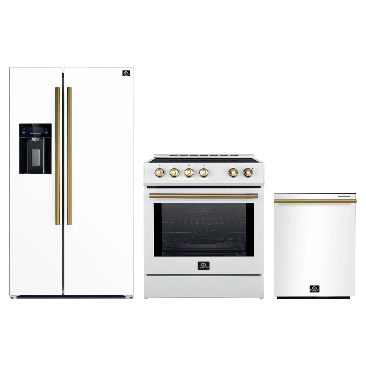 Forno 3-Piece Appliance Package - 30-Inch Induction Range, Refrigerator with Water Dispenser, and Dishwasher in White with Antique Brass Trim