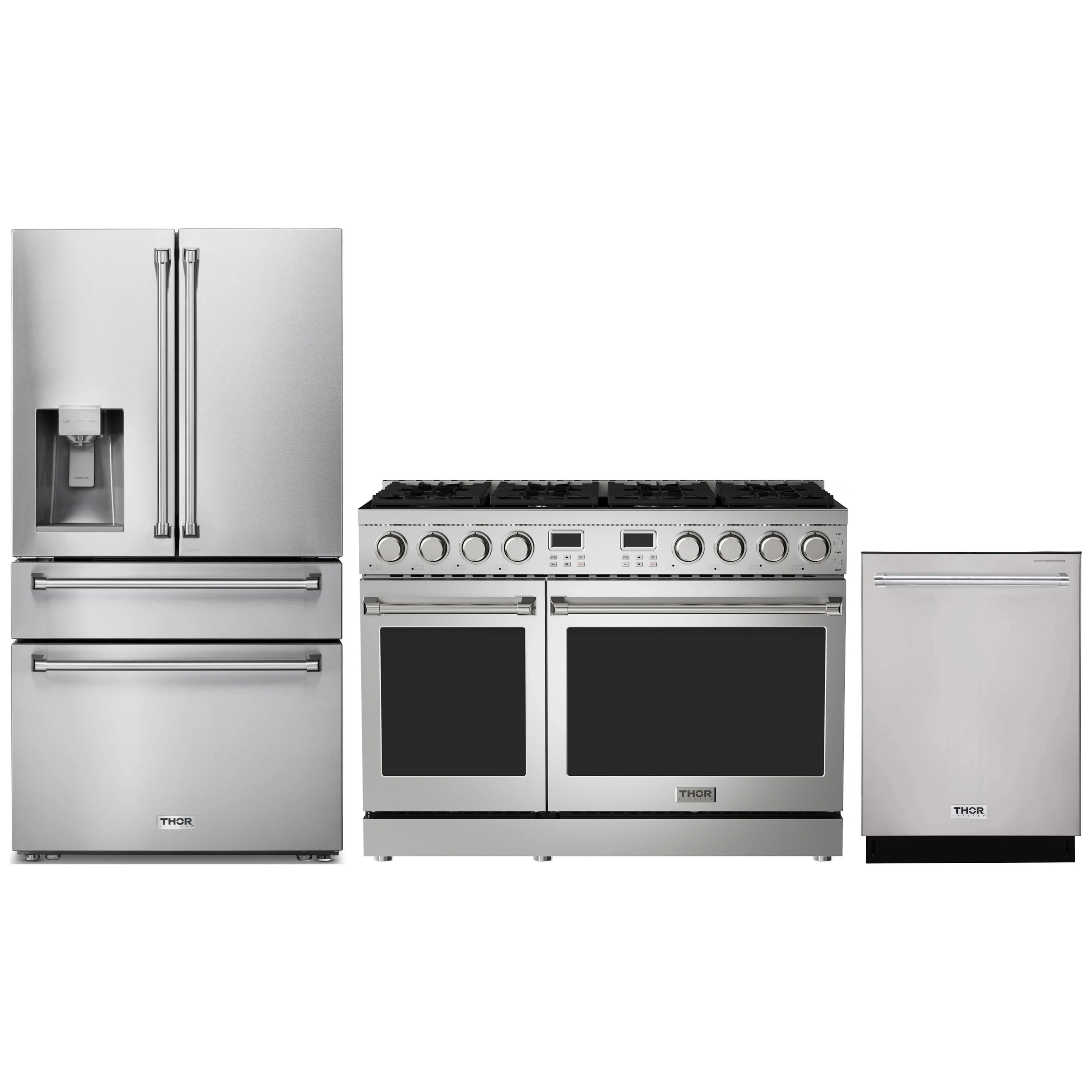 Stainless steel appliance set with gas range, refrigerator, and dishwasher