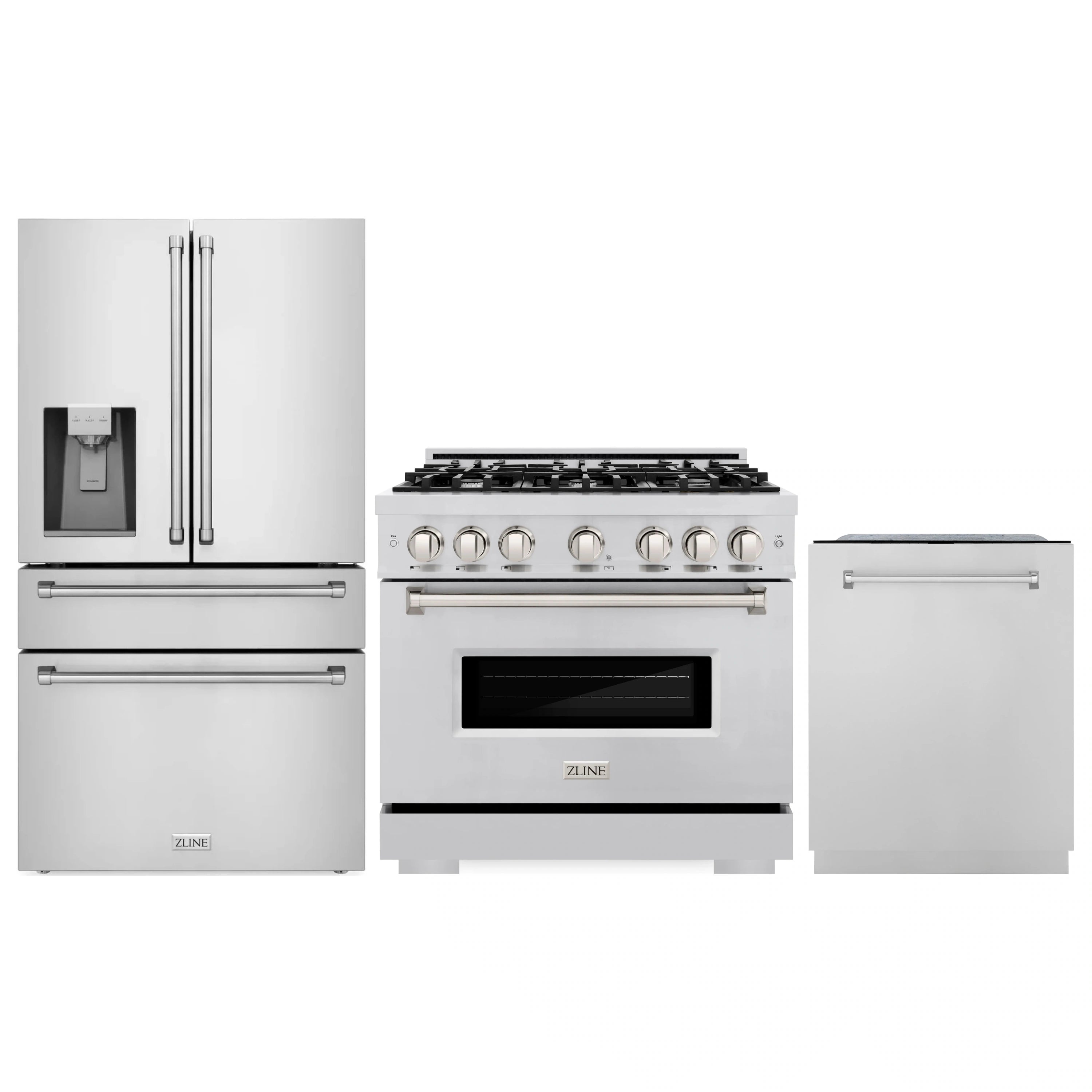 Stainless steel kitchen appliance set: refrigerator with water dispenser, range, dishwasher