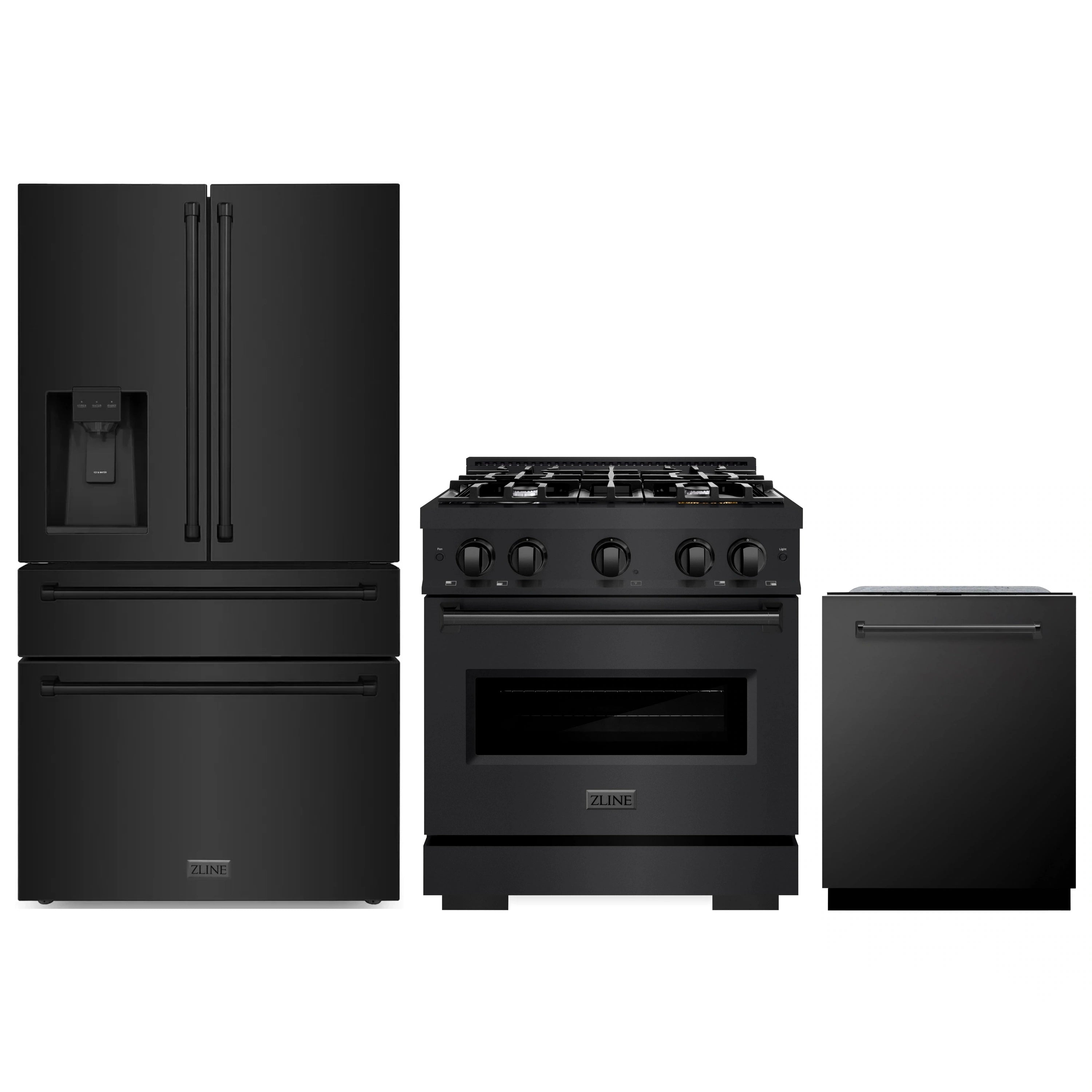 Black stainless steel kitchen appliance package: refrigerator, range, and dishwasher