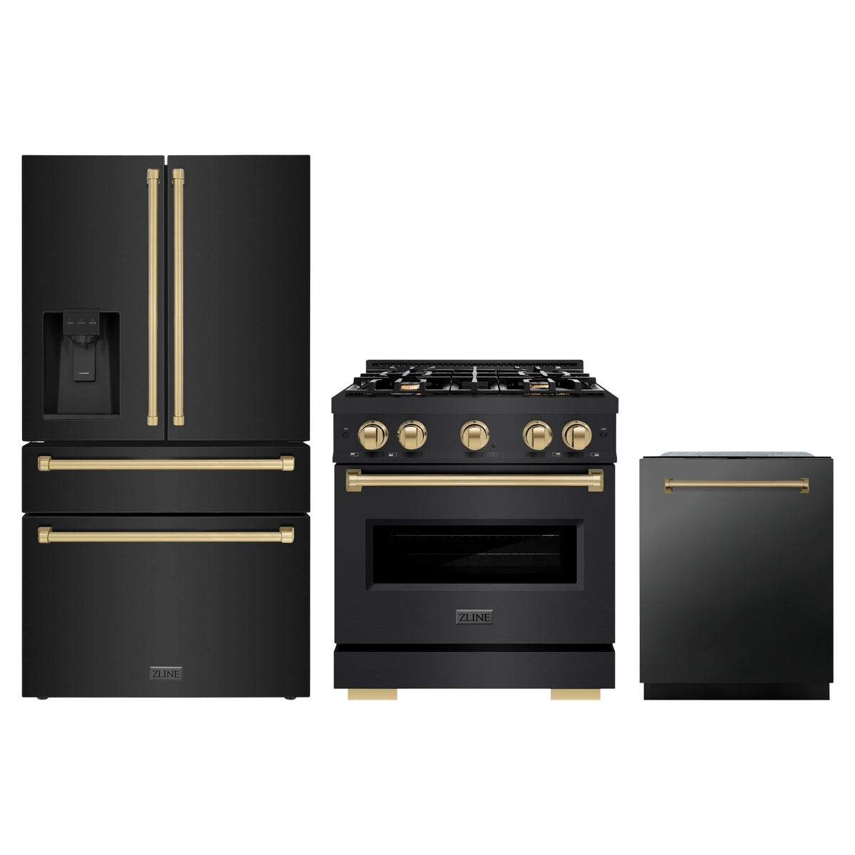 ZLINE 3-Piece Appliance Package - 30-Inch Dual Fuel Range, Refrigerator with Water Dispenser, and Dishwasher in Black Stainless Steel with Champagne Bronze Accents