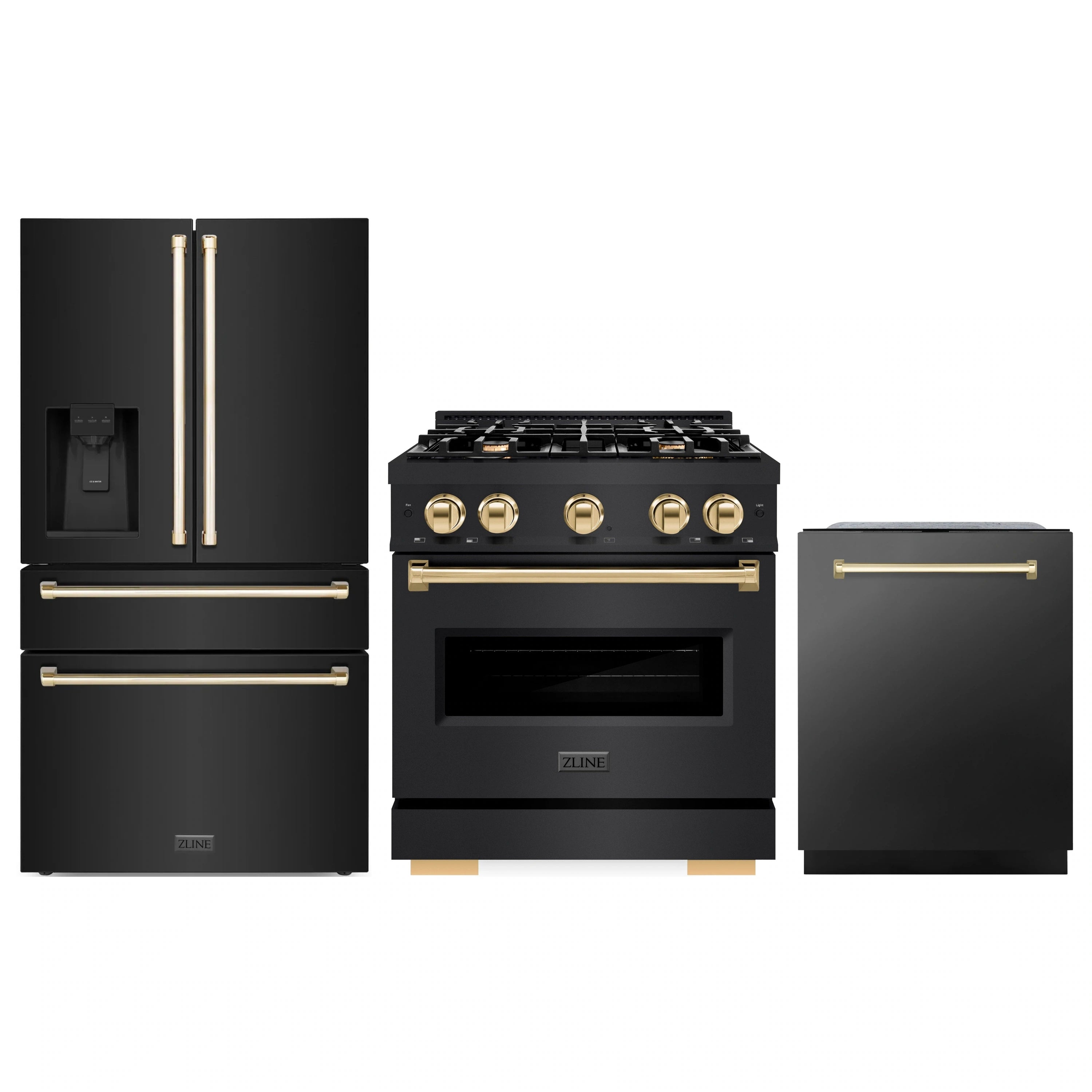 Black stainless appliance package with gold handles: range, refrigerator, and dishwasher