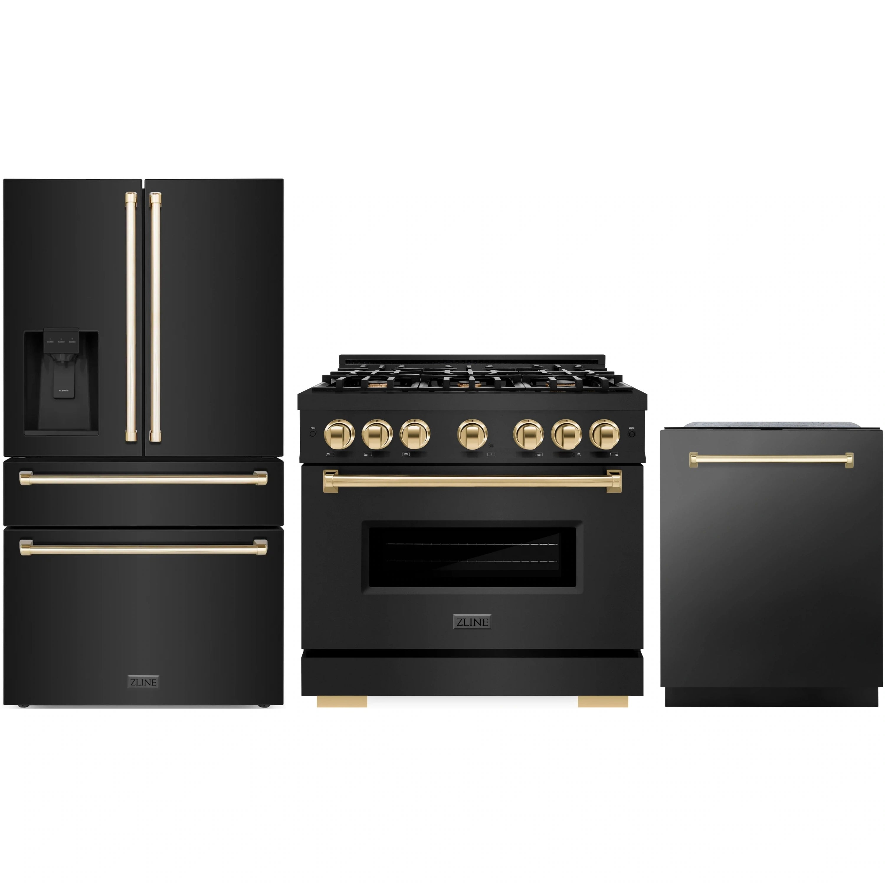 3-piece appliance package with black stainless refrigerator, range, and dishwasher, gold accents