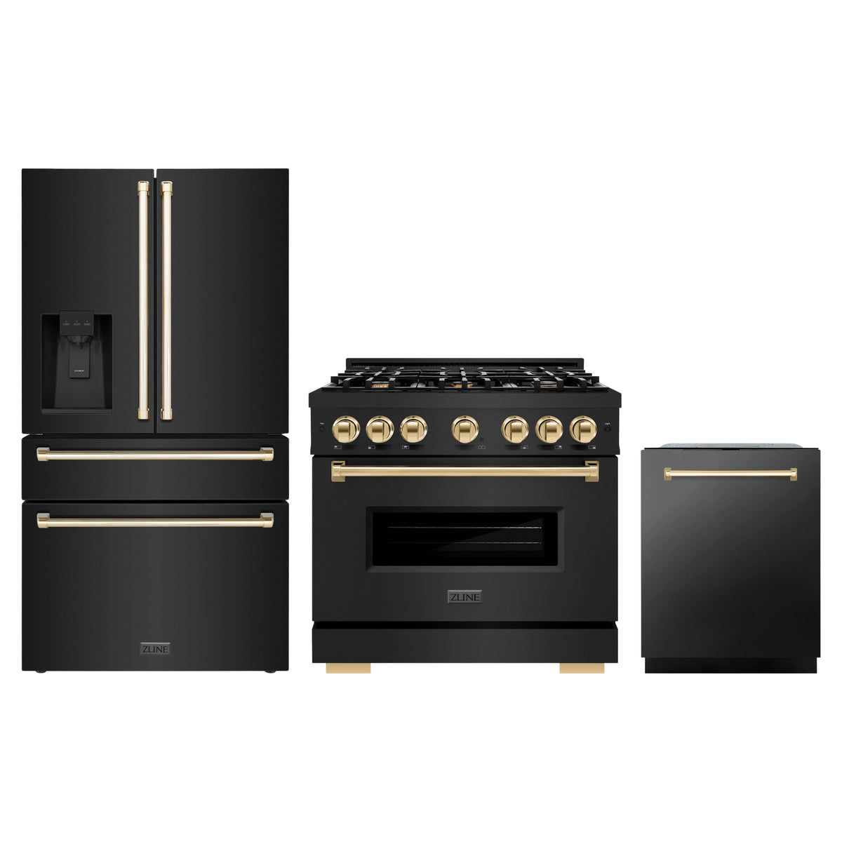 ZLINE 3-Piece Appliance Package - 36-Inch Dual Fuel Range, Refrigerator with Water Dispenser, and Dishwasher in Black Stainless Steel with Gold Accents