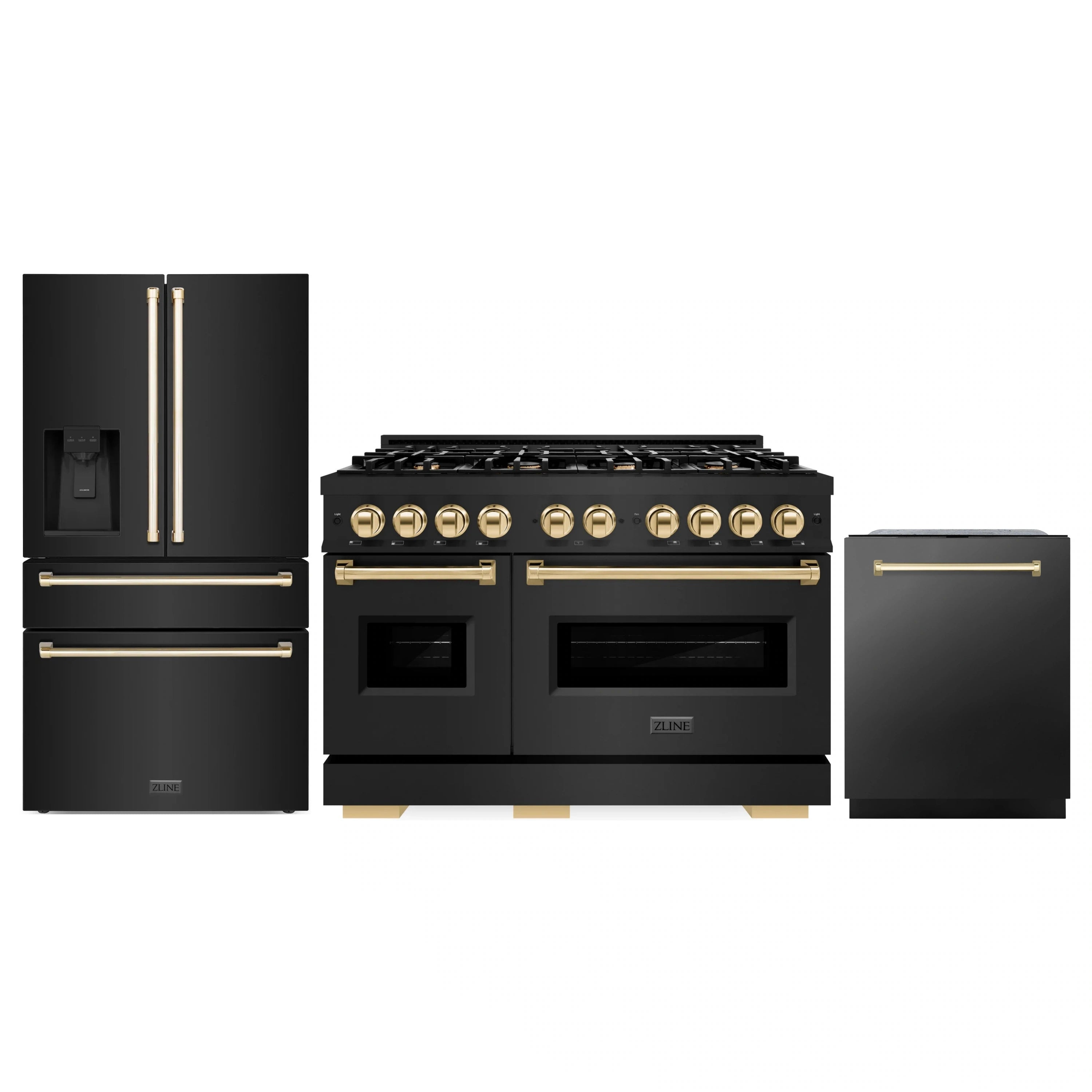 Black stainless kitchen appliance set with gold-accent range, refrigerator, and dishwasher