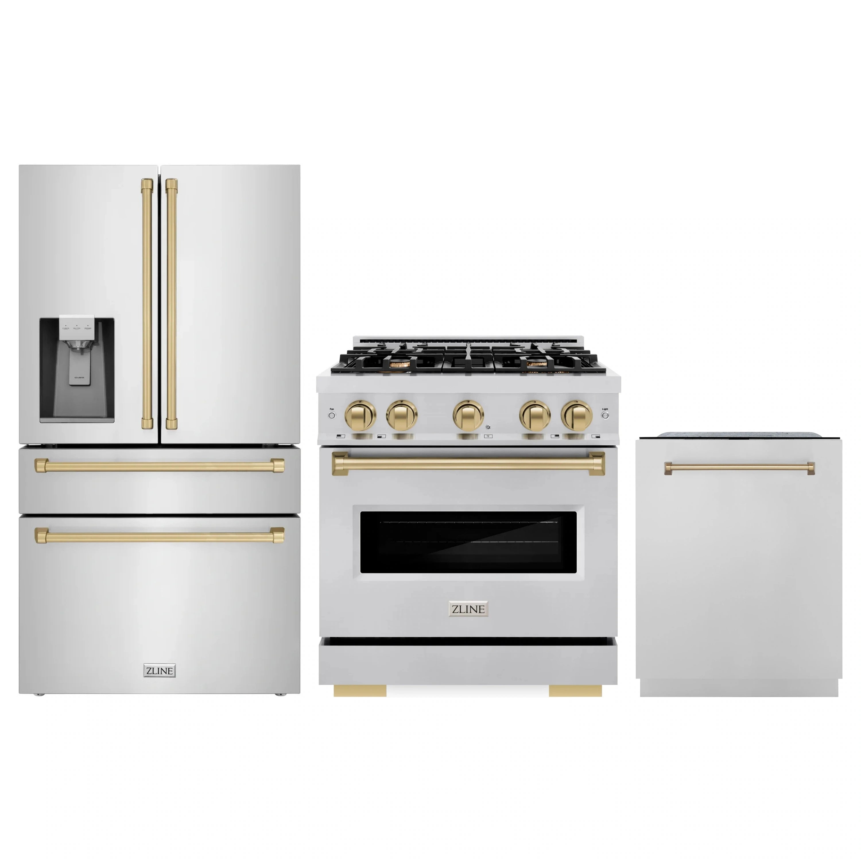 Stainless steel kitchen appliance set with refrigerator, dual-fuel range, and dishwasher