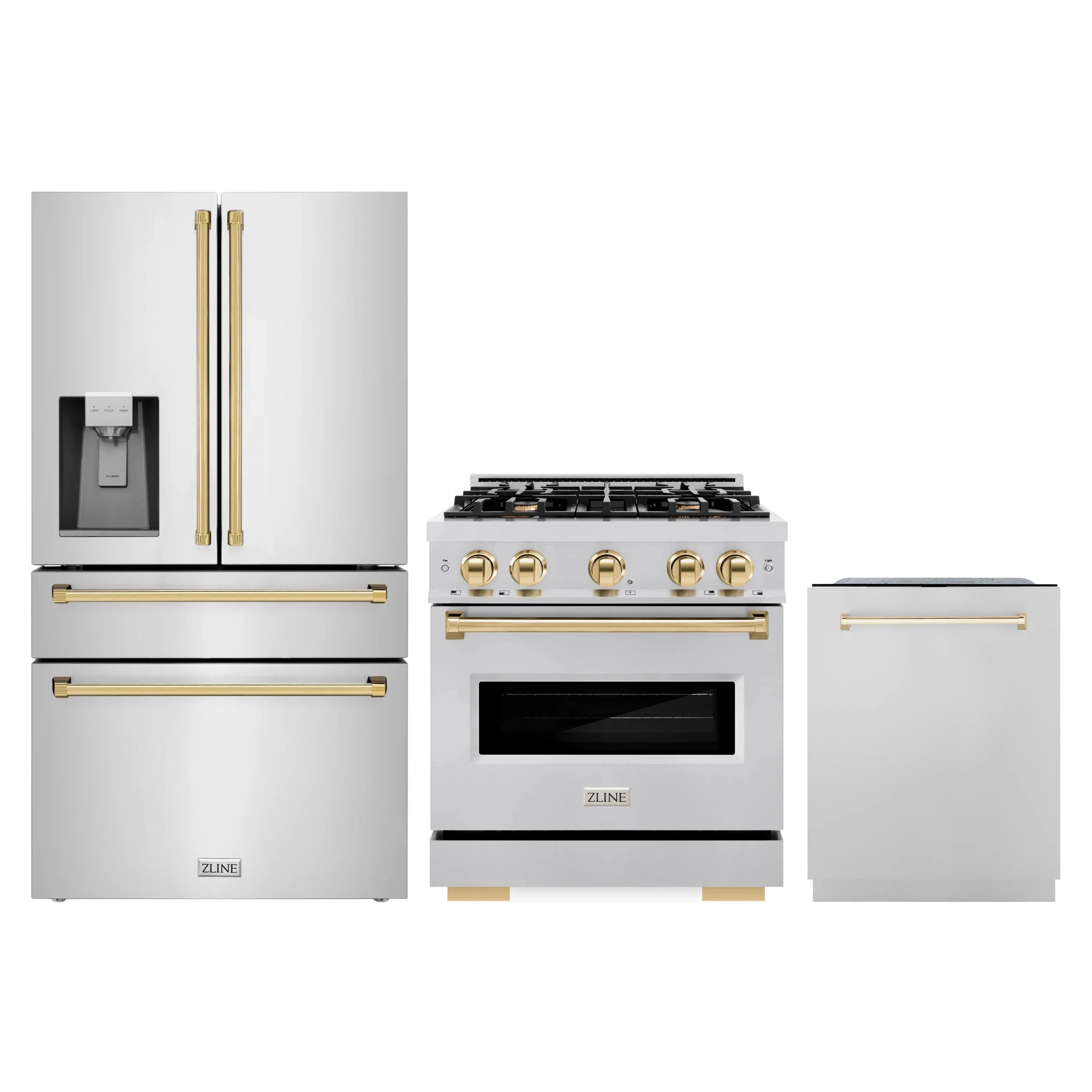Stainless steel appliance set with freestanding range, refrigerator, and dishwasher