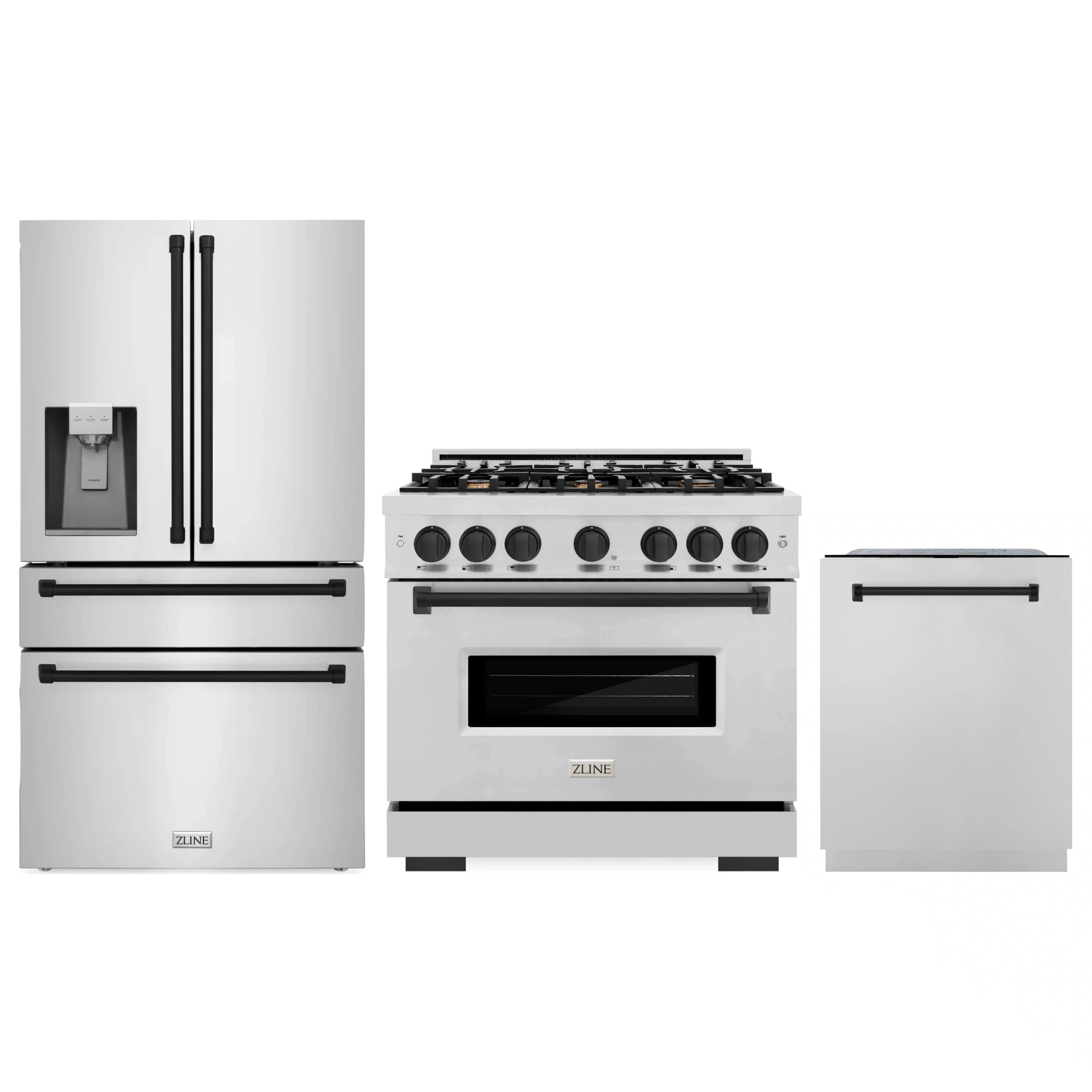 Stainless steel kitchen appliance set: dual fuel range, refrigerator, and dishwasher