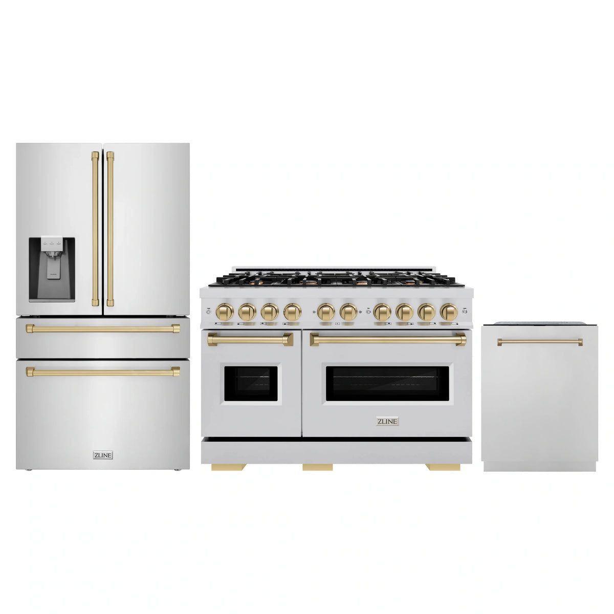 Stainless steel dual fuel range with two oven doors, plus refrigerator and dishwasher