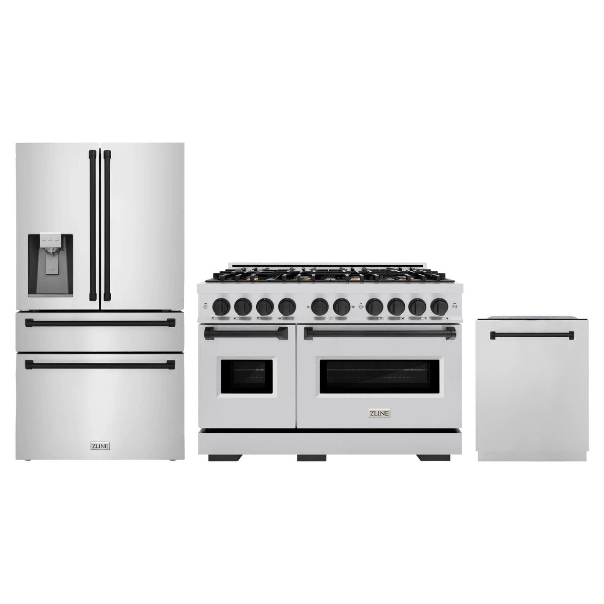 ZLINE 3-Piece Appliance Package - 48-Inch Dual Fuel Range, Refrigerator with Water Dispenser, and Dishwasher in Stainless Steel with Matte Black Accents