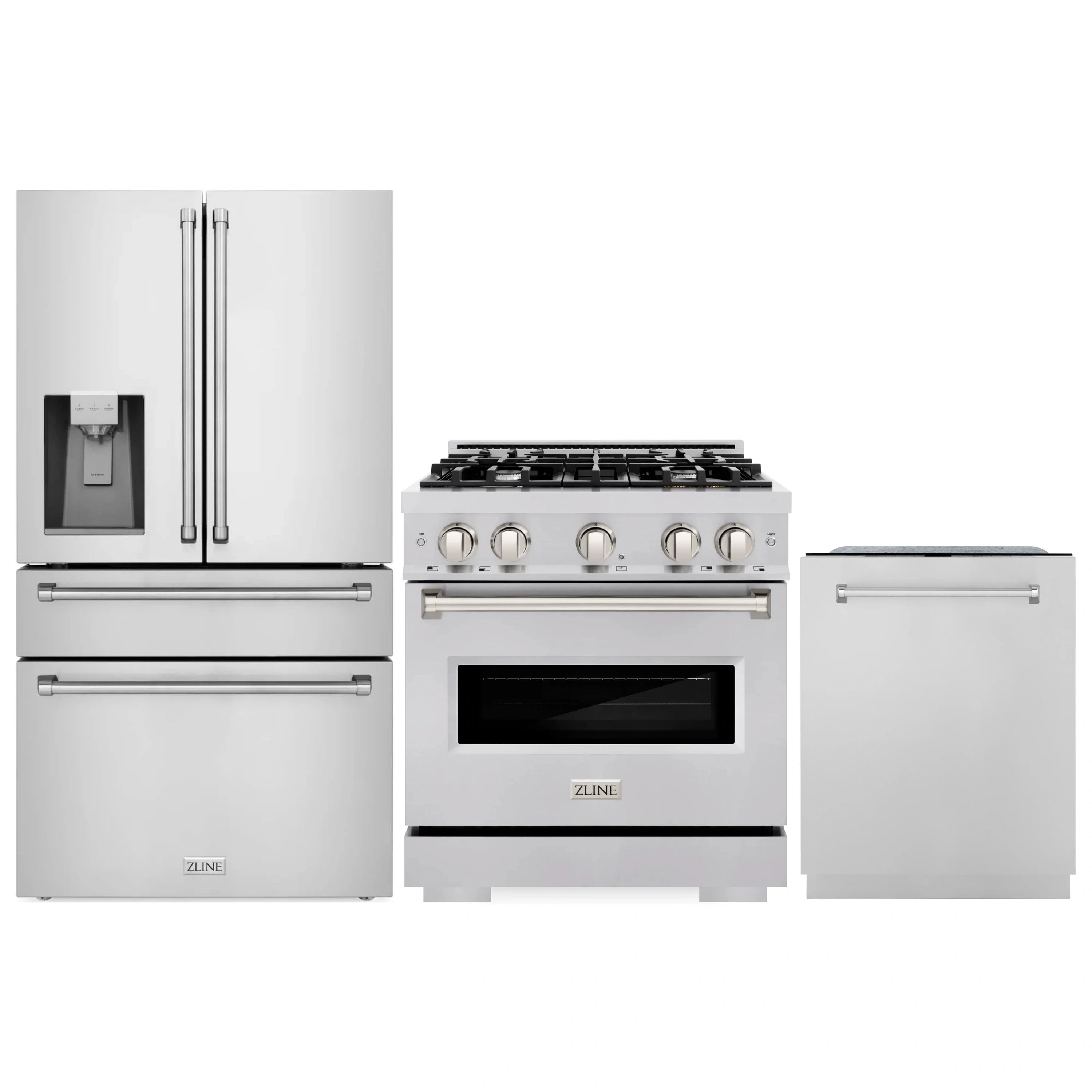 Stainless 3-piece appliance set: refrigerator, gas range, and dishwasher