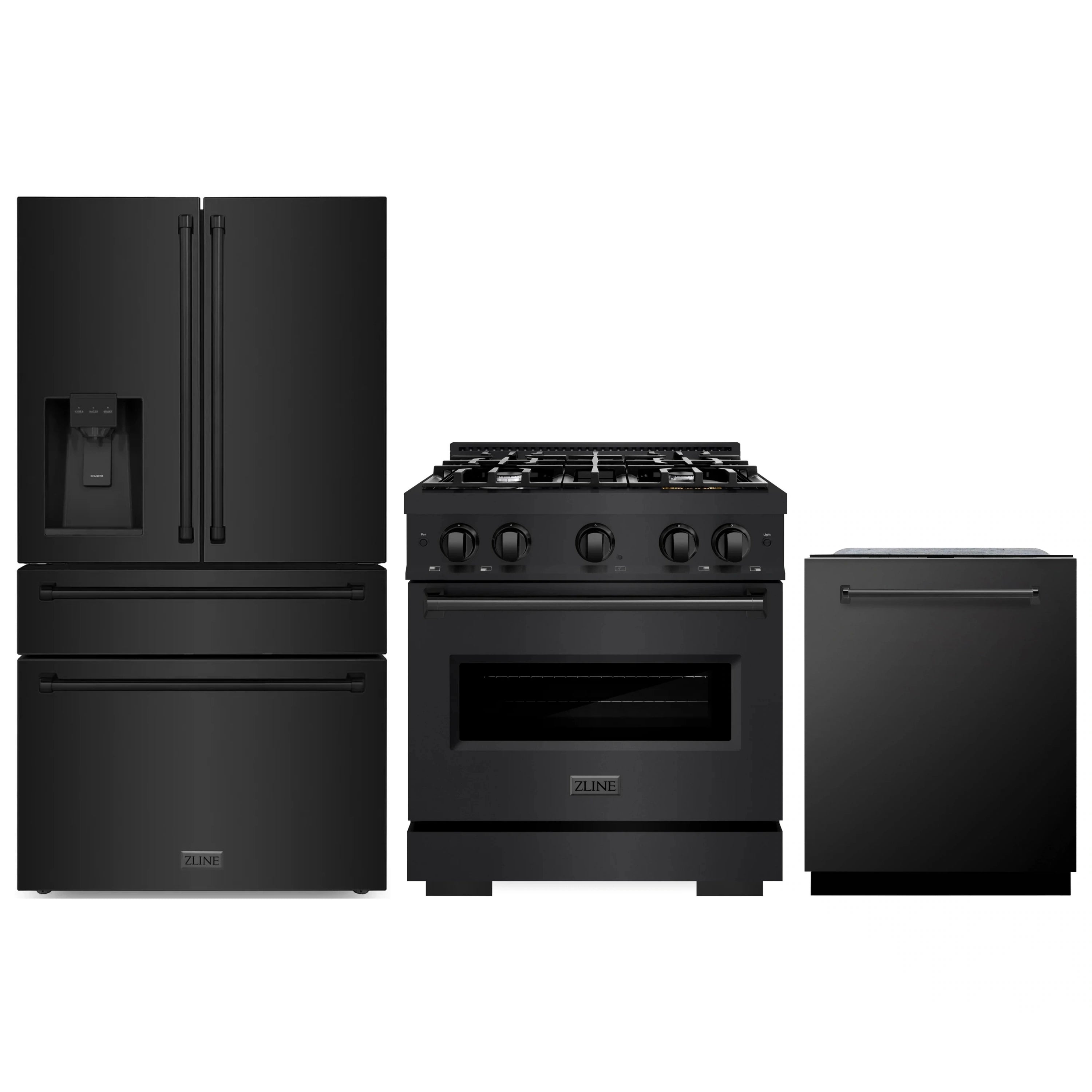 Black stainless kitchen appliance set with refrigerator, gas range, and dishwasher.
