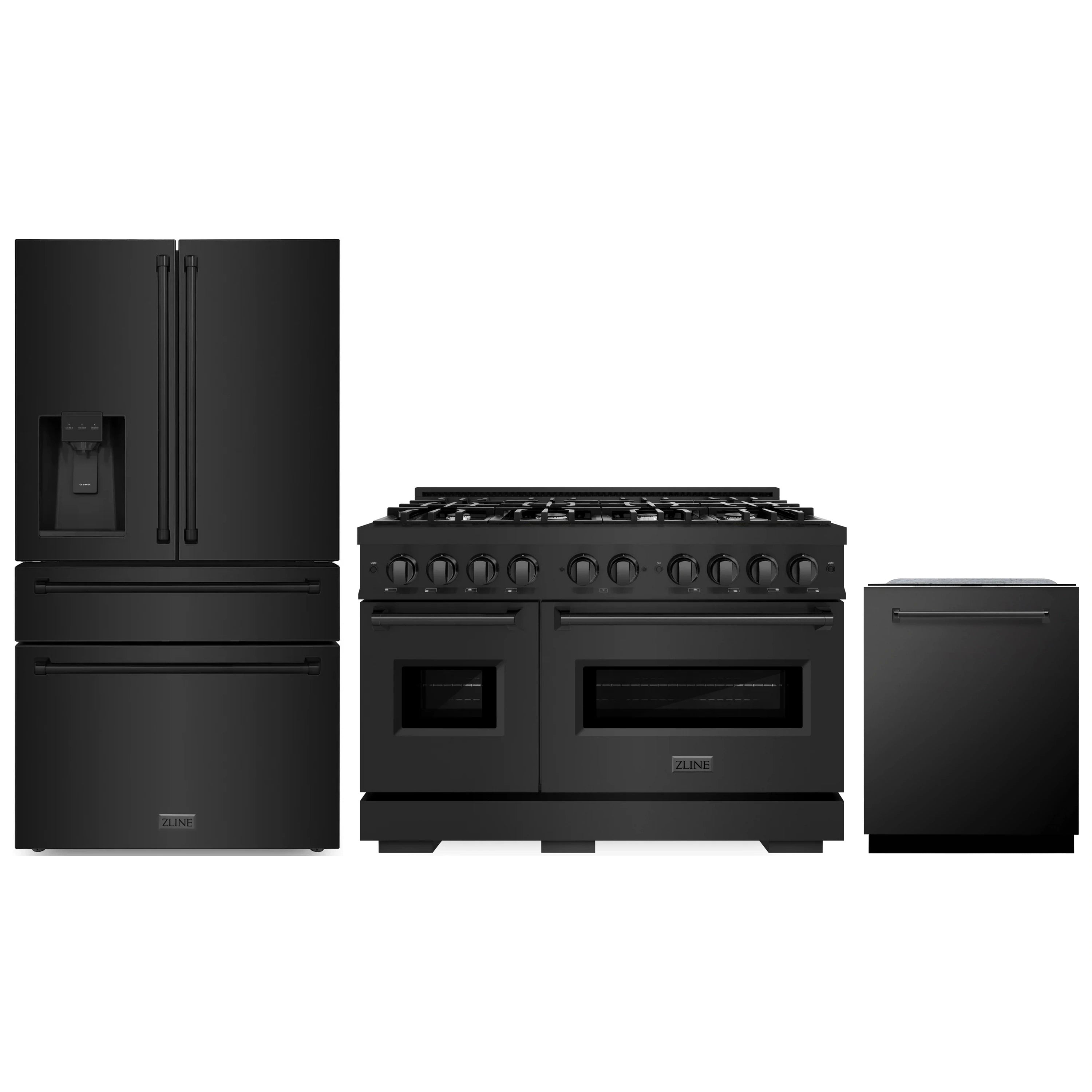 Three-piece black stainless appliance set: refrigerator, gas range, and dishwasher