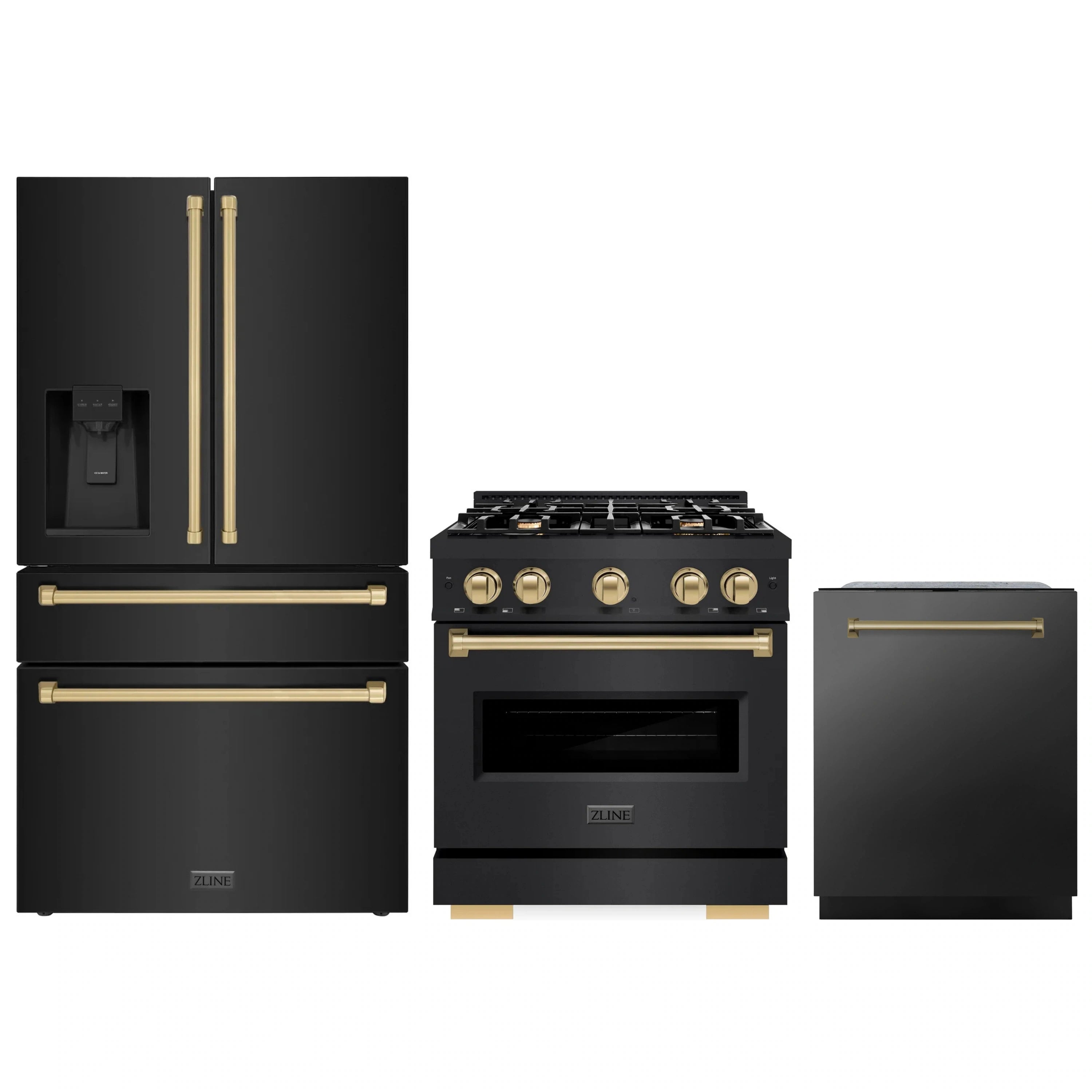Black stainless appliance set with gold-accent range, refrigerator, and dishwasher