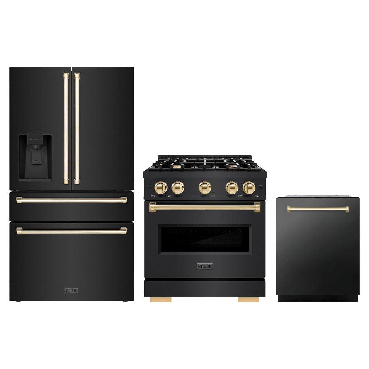 ZLINE 3-Piece Appliance Package - 30-Inch Gas Range, Refrigerator with Water Dispenser, and Dishwasher in Black Stainless Steel with Gold Accents