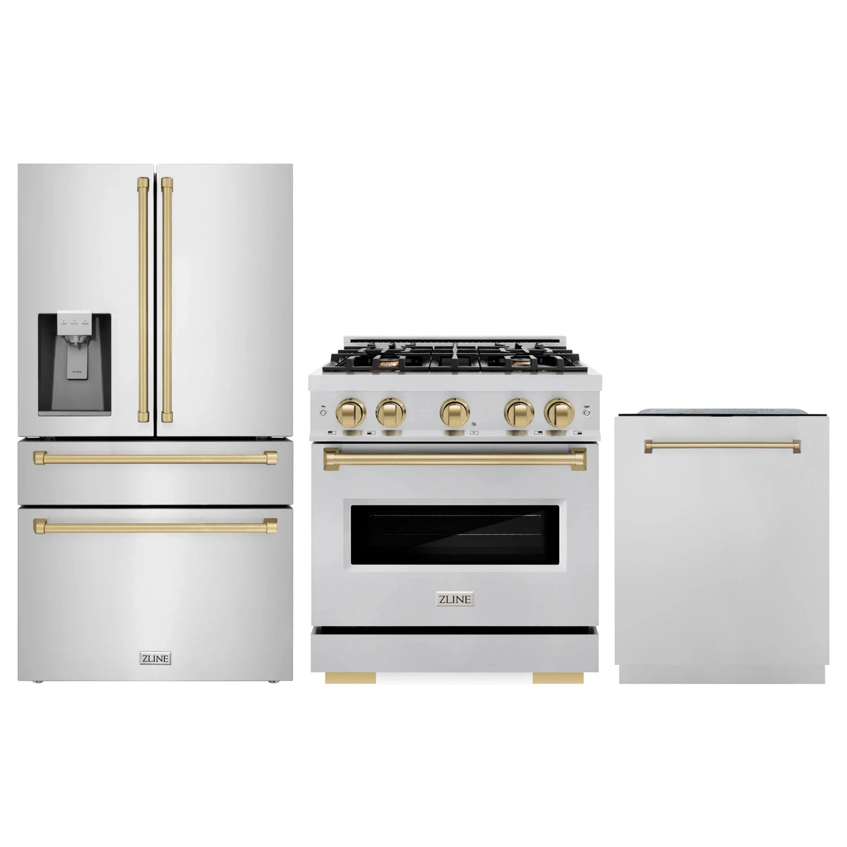 Stainless steel kitchen appliance package: gas range, refrigerator, dishwasher