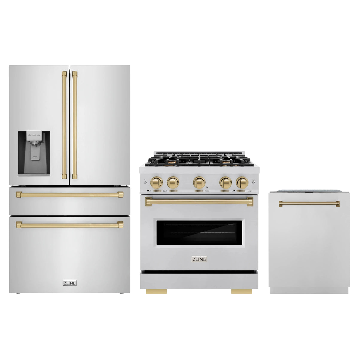 ZLINE 3-Piece Appliance Package - 30-Inch Gas Range, Refrigerator with Water Dispenser, and Dishwasher in Stainless Steel with Champagne Bronze Accents