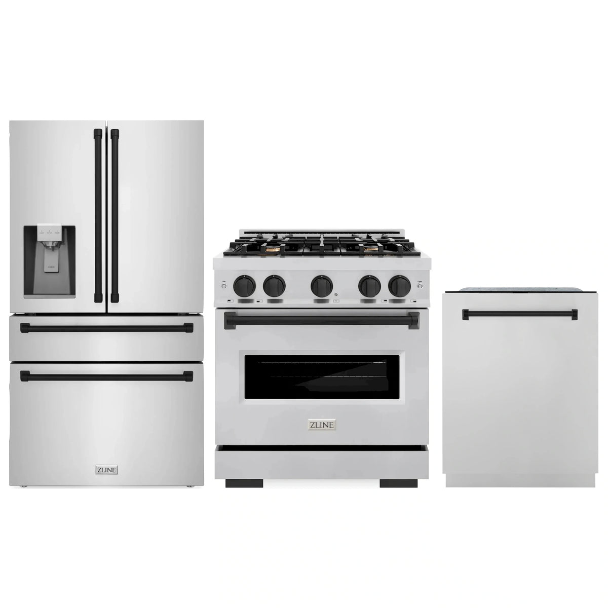 Stainless steel kitchen appliance set: refrigerator, gas range, and dishwasher with matte accents