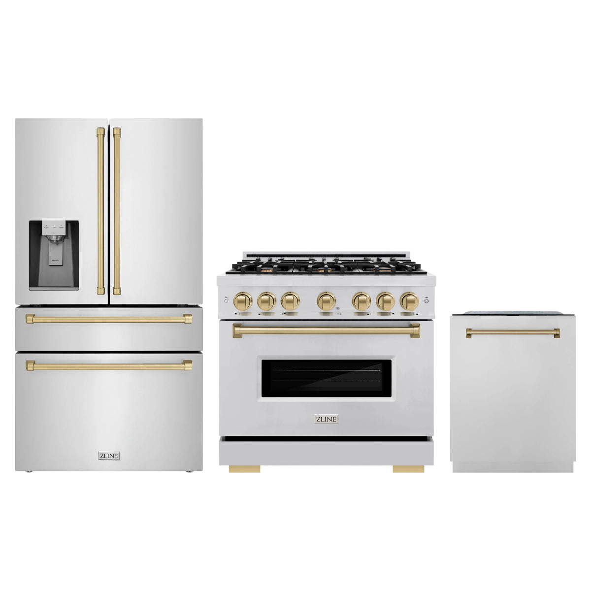 ZLINE 3-Piece Appliance Package - 36-Inch Gas Range, Refrigerator with Water Dispenser, and Dishwasher in Stainless Steel with Champagne Bronze Accents