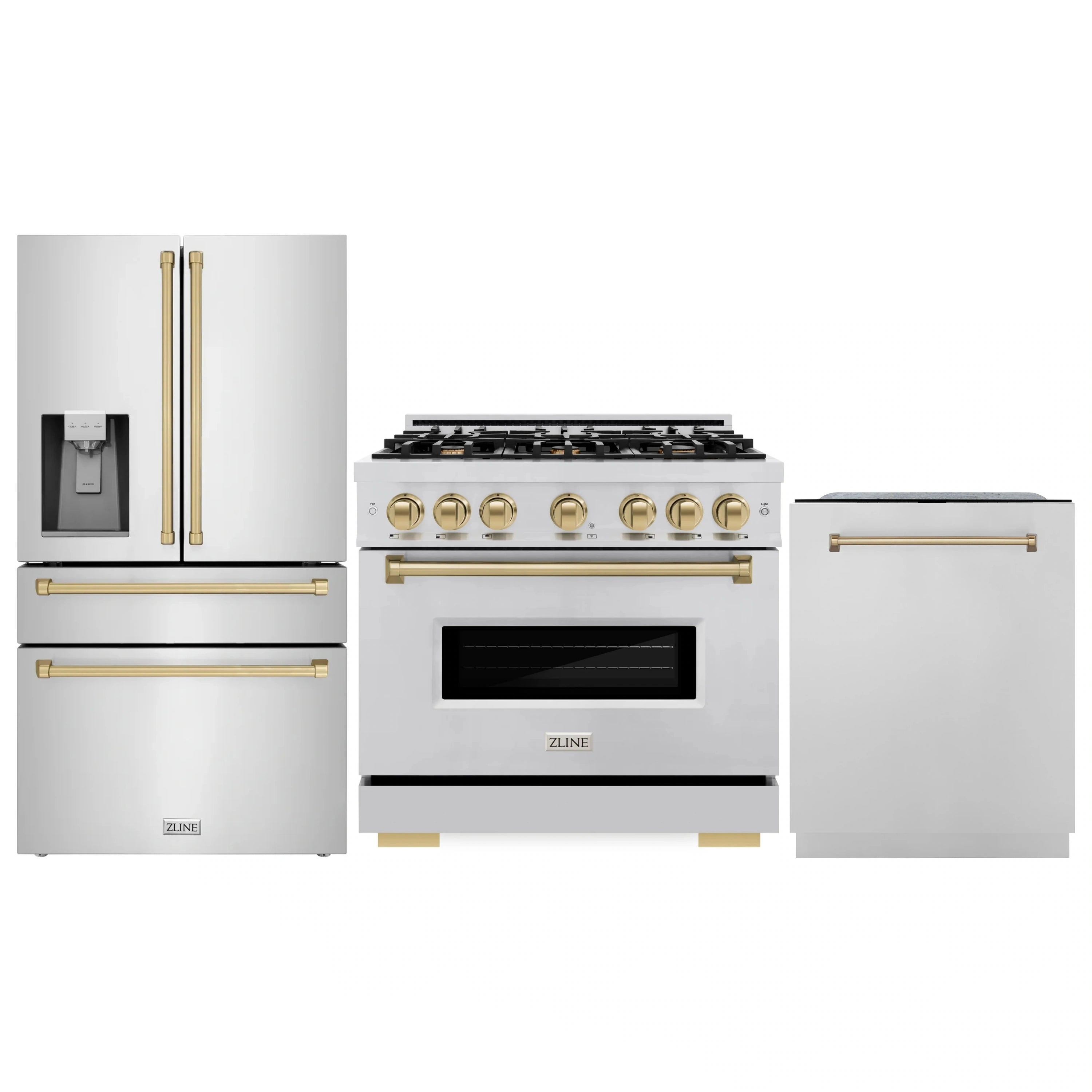 Stainless 3-piece appliance set: refrigerator, gas range, and dishwasher with bronze accents