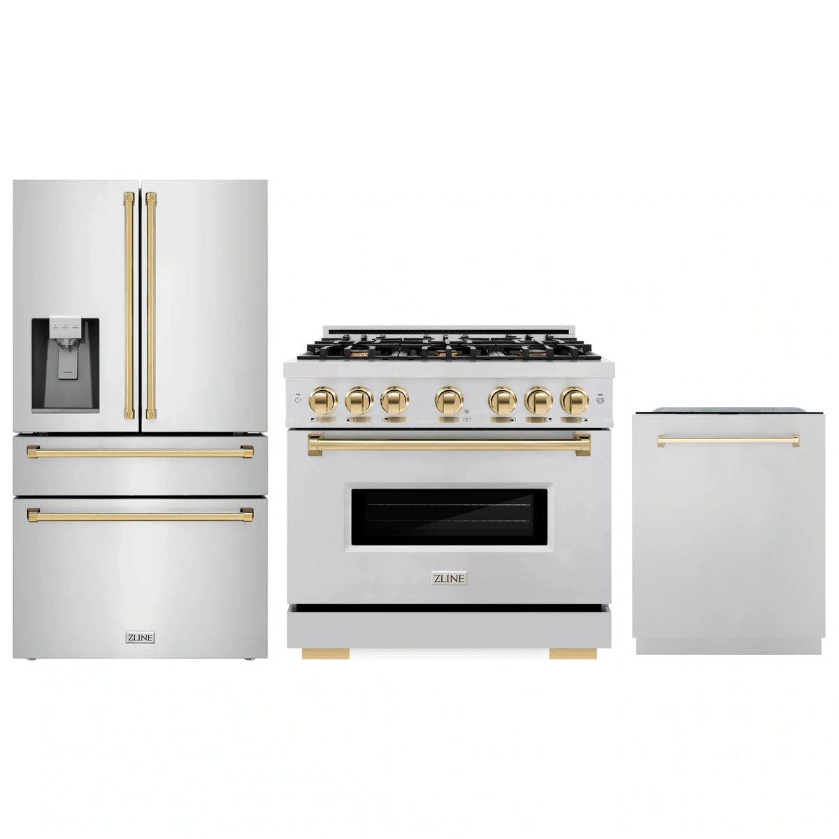 3-piece appliance package with stainless dishwasher, refrigerator, and gold-accented range