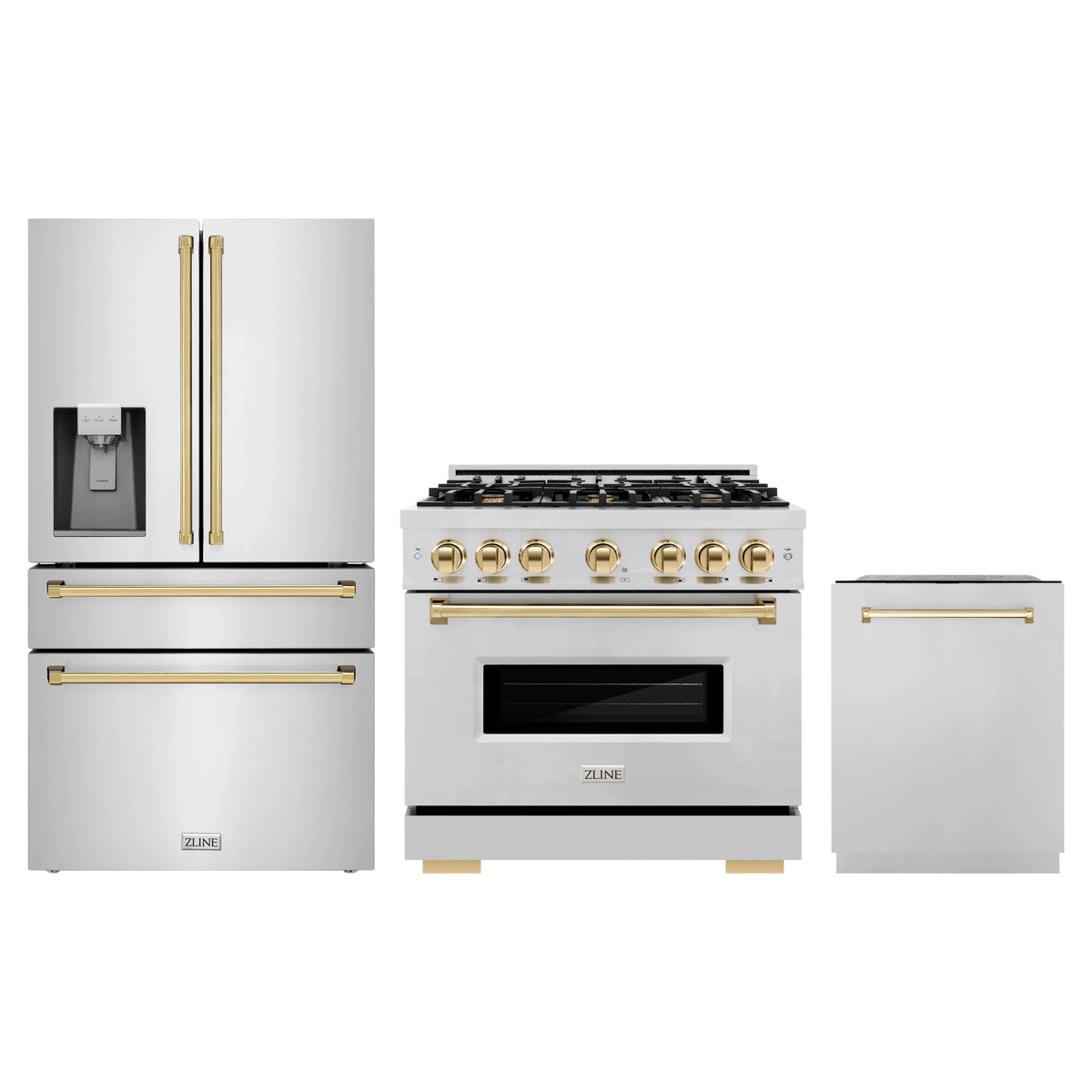 ZLINE 3-Piece Appliance Package - 36-Inch Gas Range, Refrigerator with Water Dispenser, and Dishwasher in Stainless Steel with Gold Accents