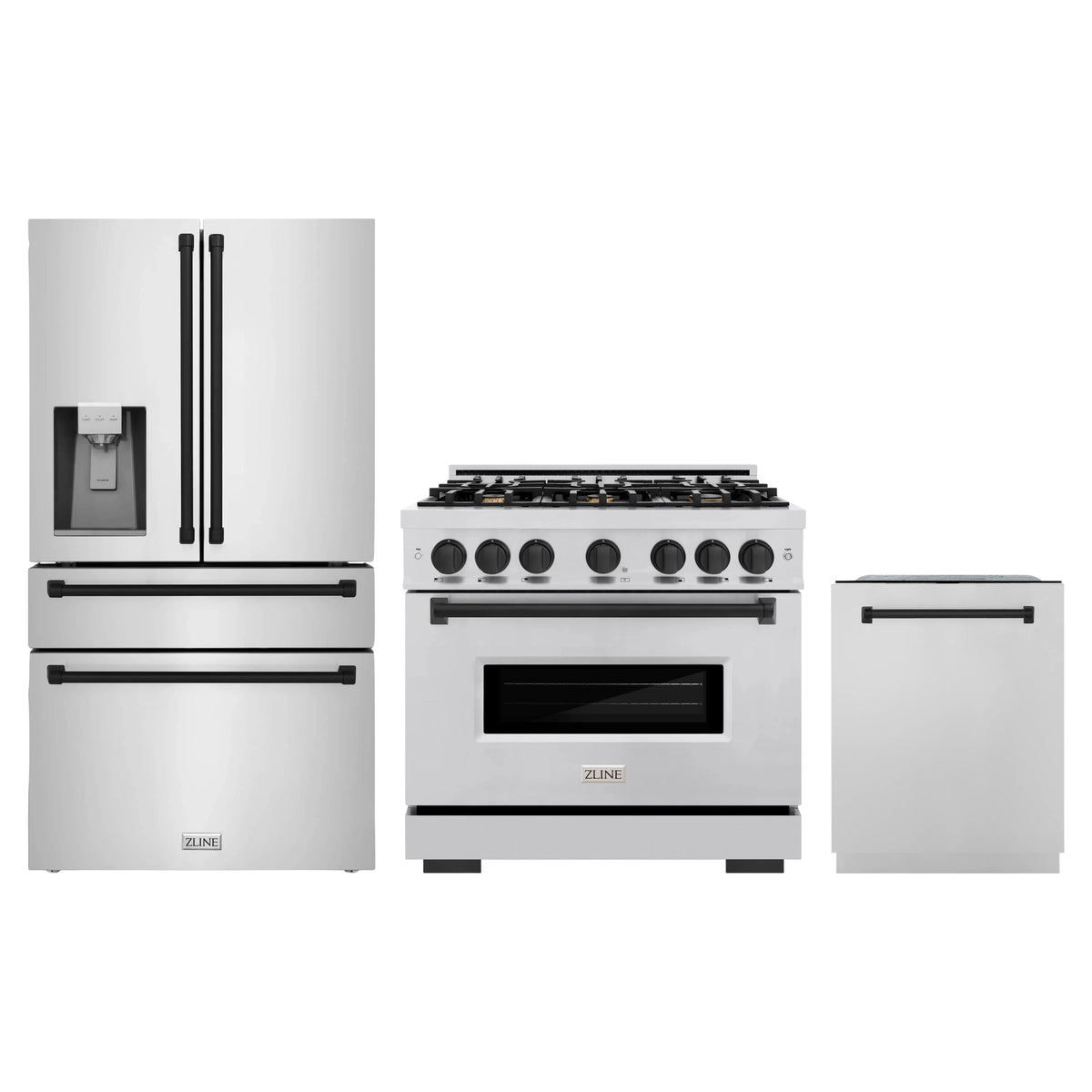 ZLINE 3-Piece Appliance Package - 36-Inch Gas Range, Refrigerator with Water Dispenser, and Dishwasher in Stainless Steel with Matte Black Accents