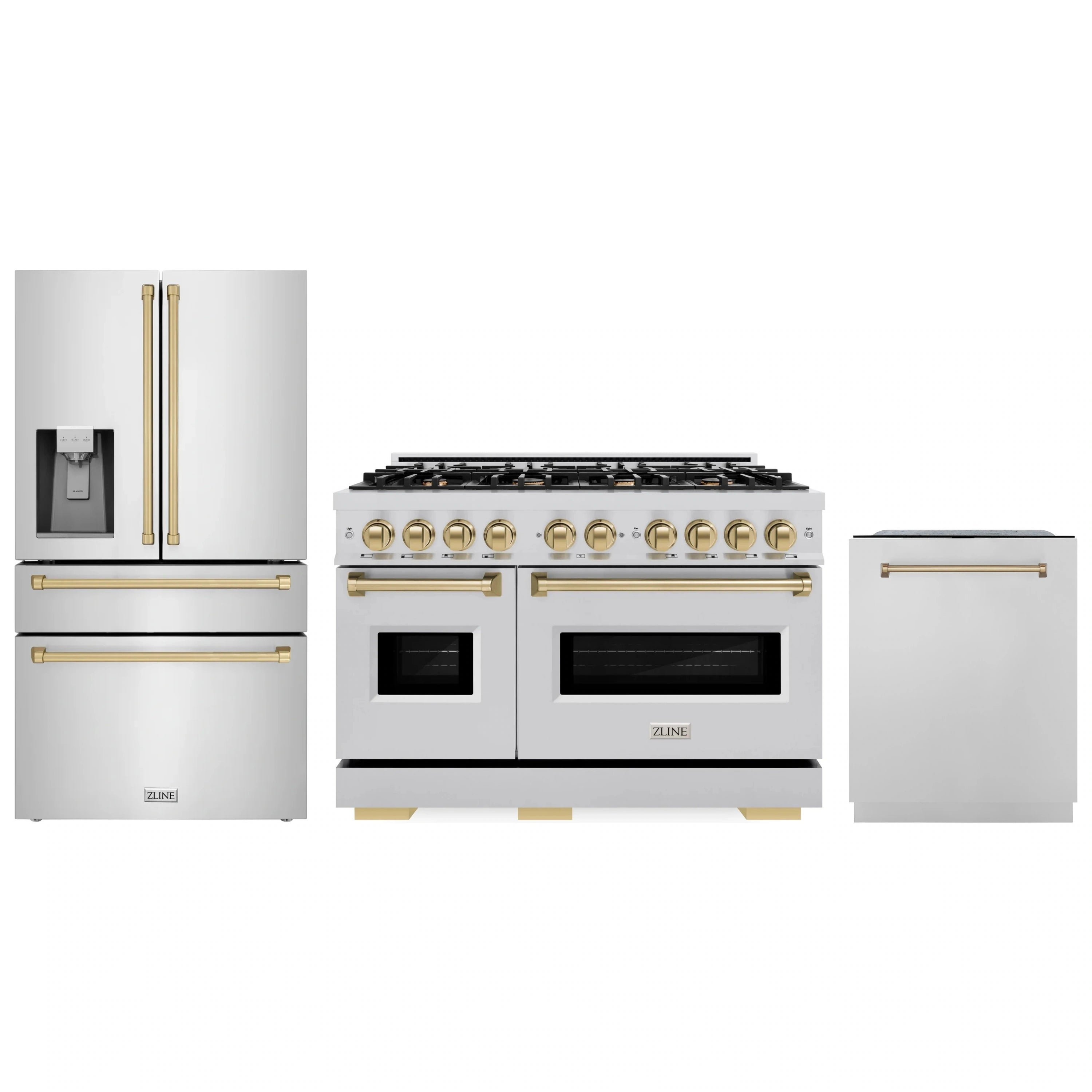 3-piece stainless appliance set with bronze accents: gas range, fridge, dishwasher