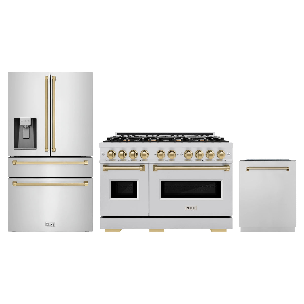 ZLINE 3-Piece Appliance Package - 48-Inch Gas Range, Refrigerator with Water Dispenser, and Dishwasher in Stainless Steel with Champagne Bronze Accents