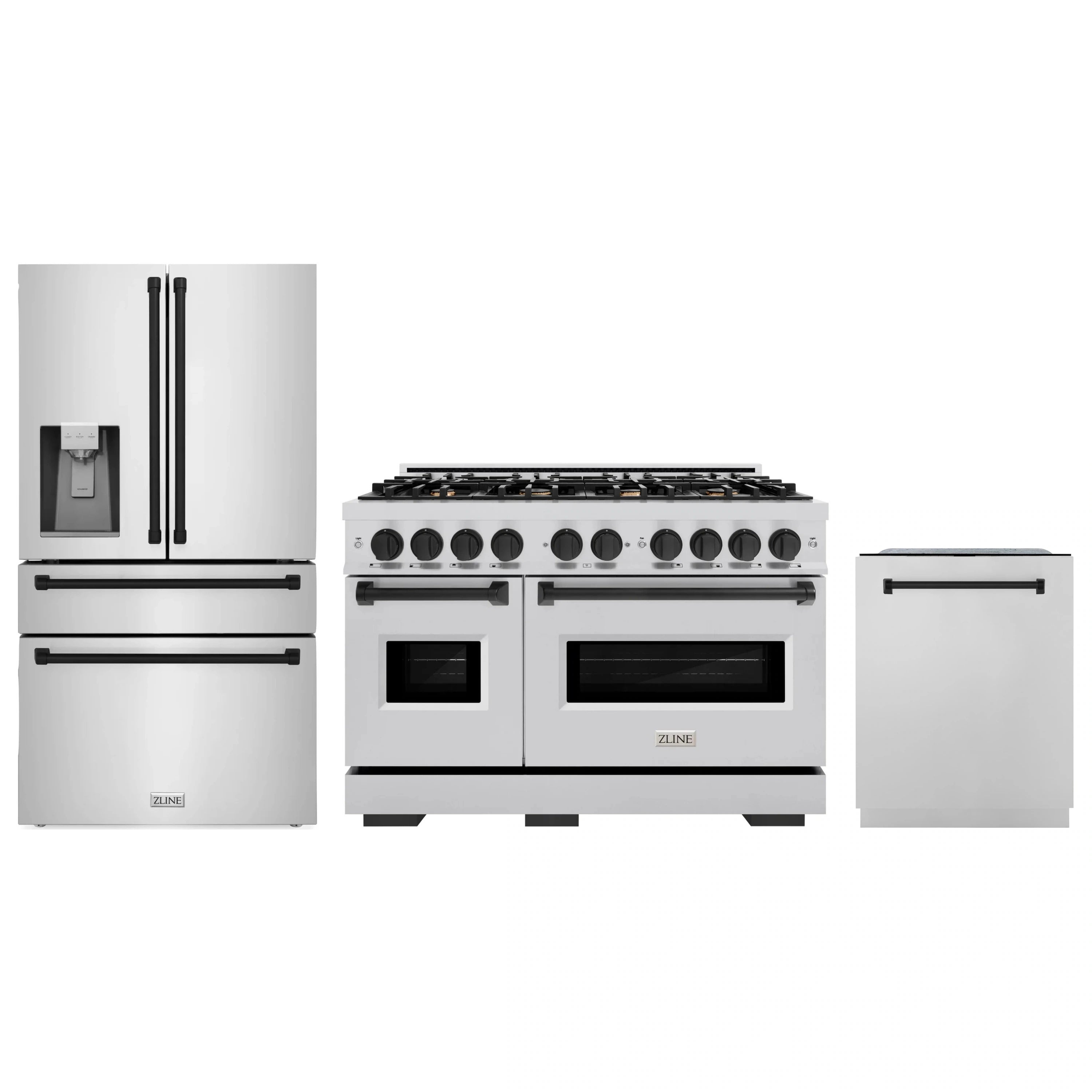 Stainless steel gas range, refrigerator with water dispenser, and dishwasher set